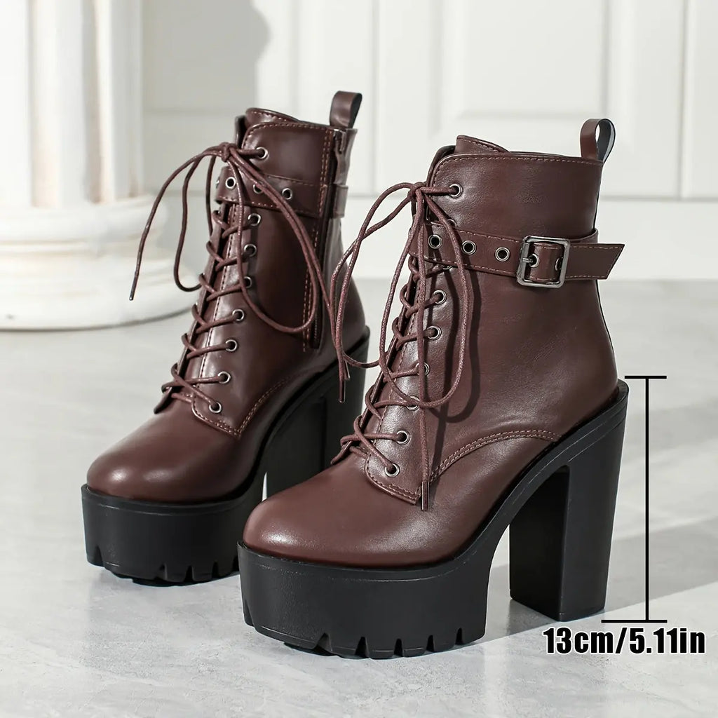 Women’s Chunky Platform Boots – Brown Lace-Up Zip Heeled Boots with Non-Slip Sole NNOS