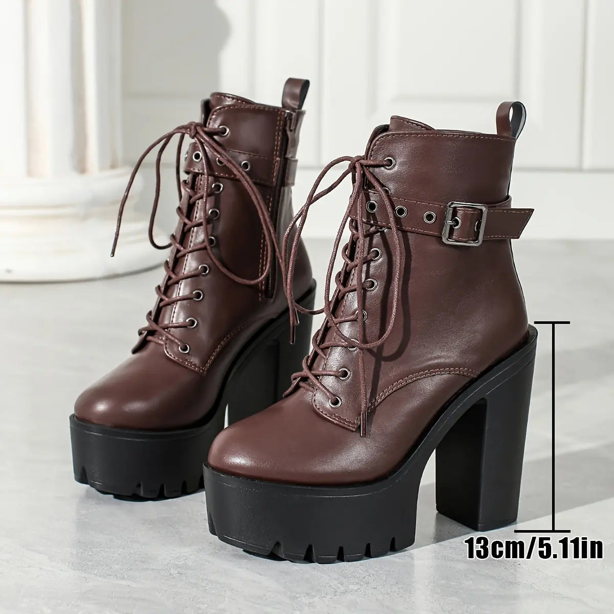 Women’s Chunky Platform Boots – Brown Lace-Up Zip Heeled Boots with Non-Slip Sole NNOS