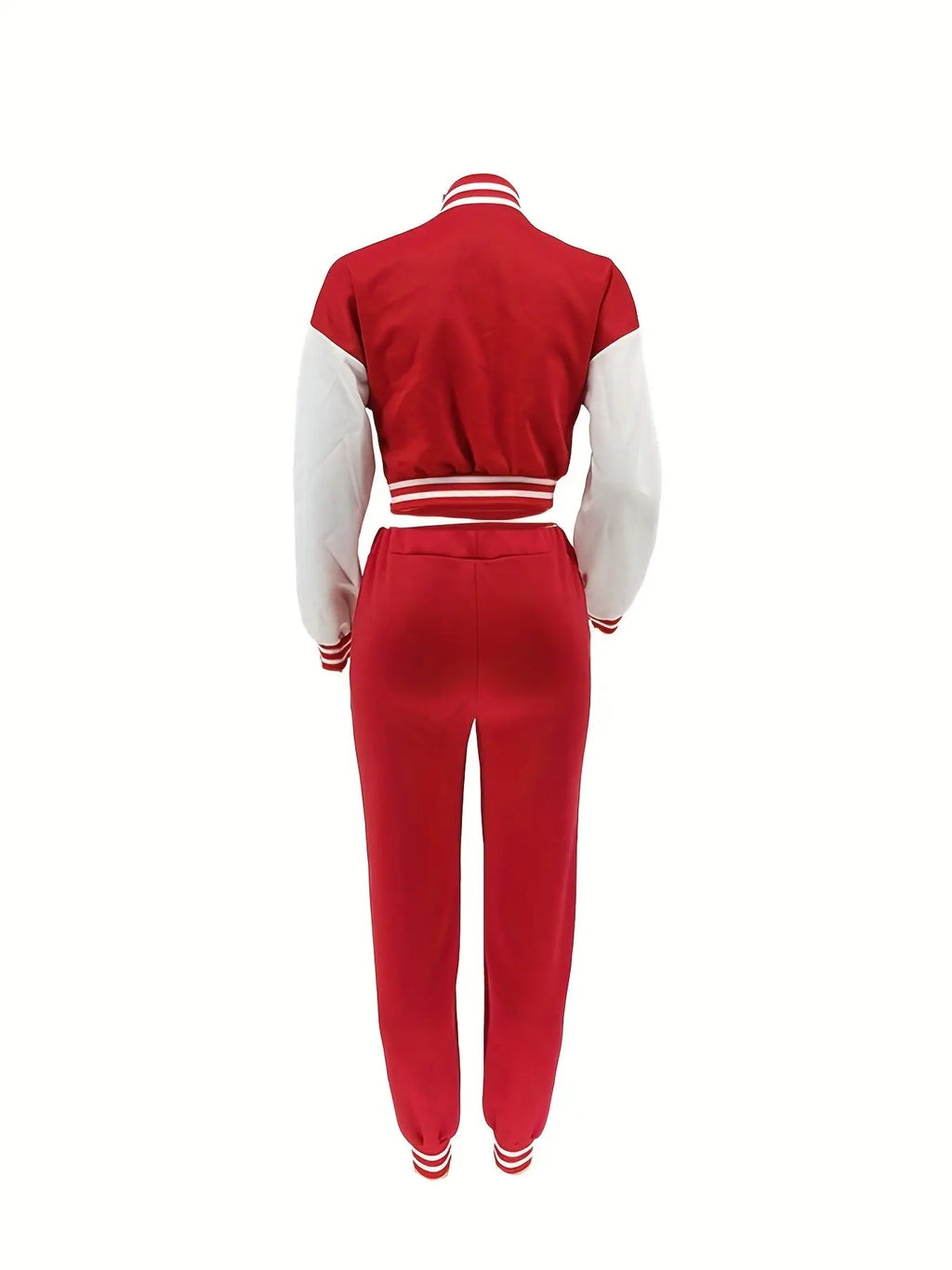 Chic, Women's Casual Letter Print Baseball Jacket and Pants Set - Red and White, Polyester Blend, Machine Washable, Fall/Winter Fashion Ensemble NNOS