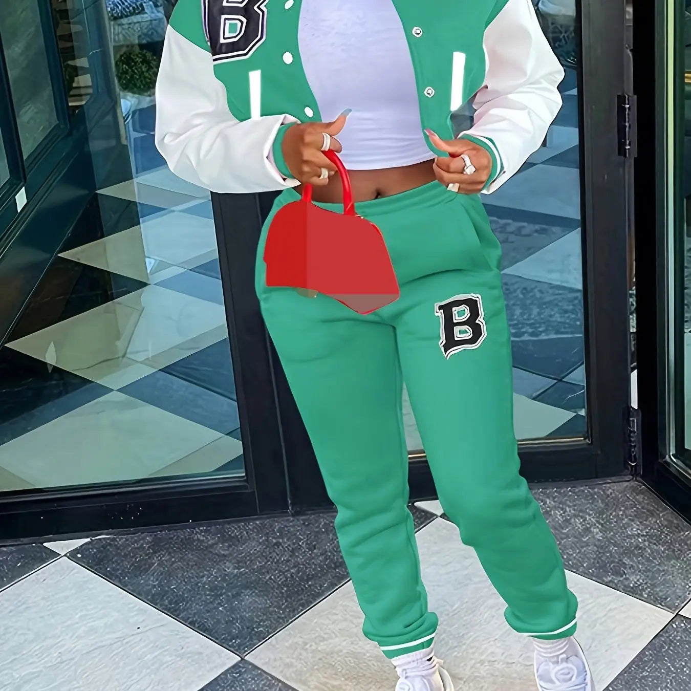 Chic, Women's Casual Letter Print Baseball Jacket and Pants Set - Red and White, Polyester Blend, Machine Washable, Fall/Winter Fashion Ensemble NNOS