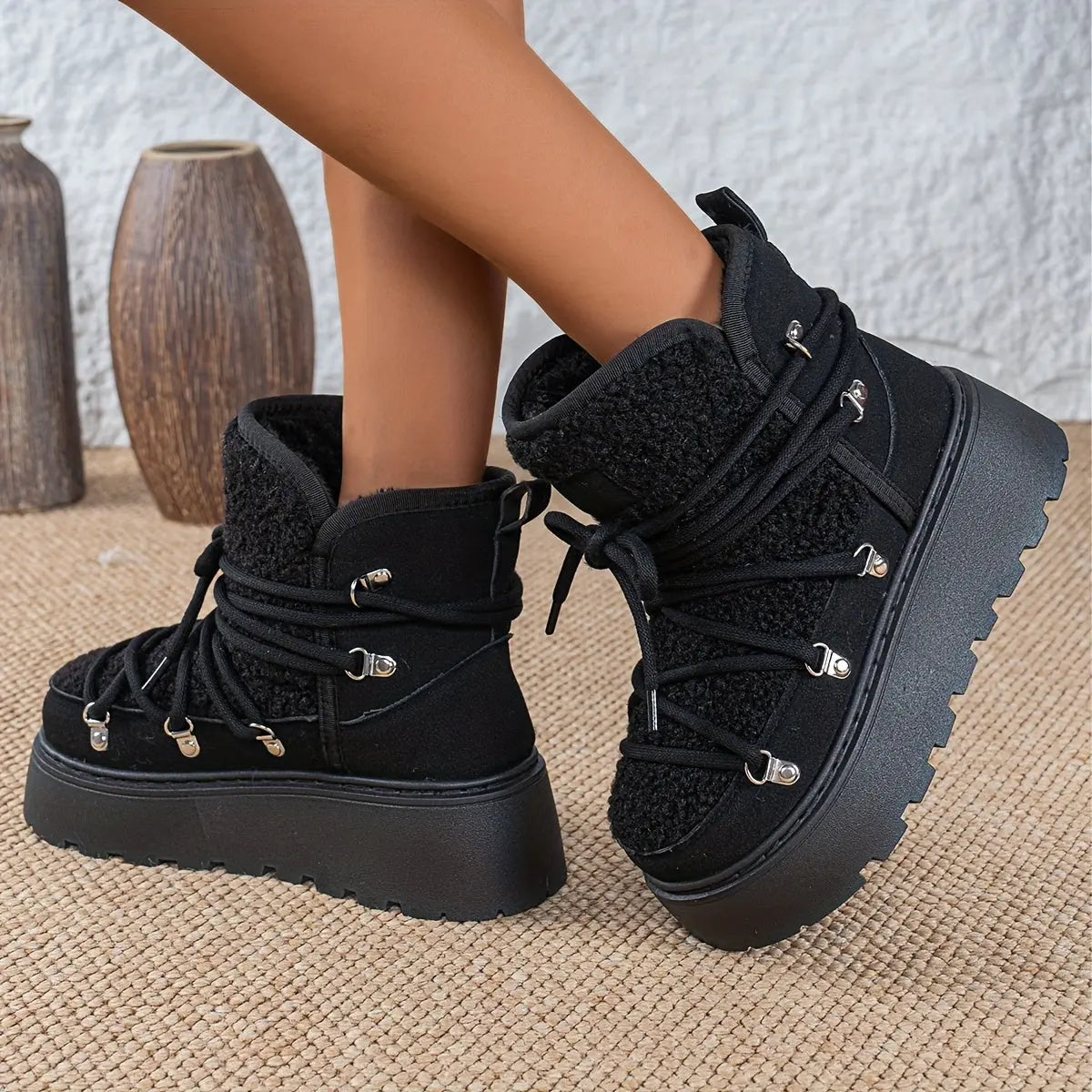 Women’s Cozy Fleece-Lined Winter Boots – Warm Lace-Up Snow Shoes with Buckles NNOS