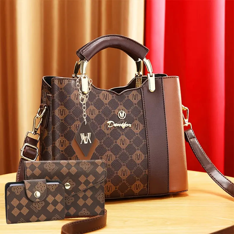 Three-Piece Set Women's Trendy Shoulder Bag, Vintage Print Crossbody Handbag NNOS