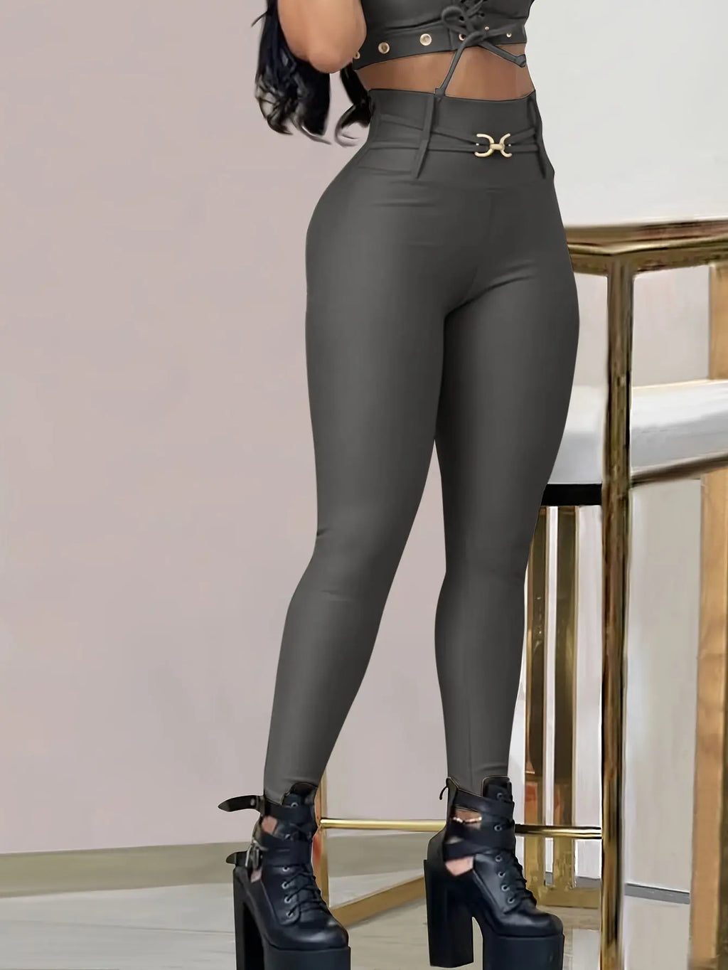 Women’s High-Waist Black Skinny Leggings – Stretchy Fit with Button Detail NNOS