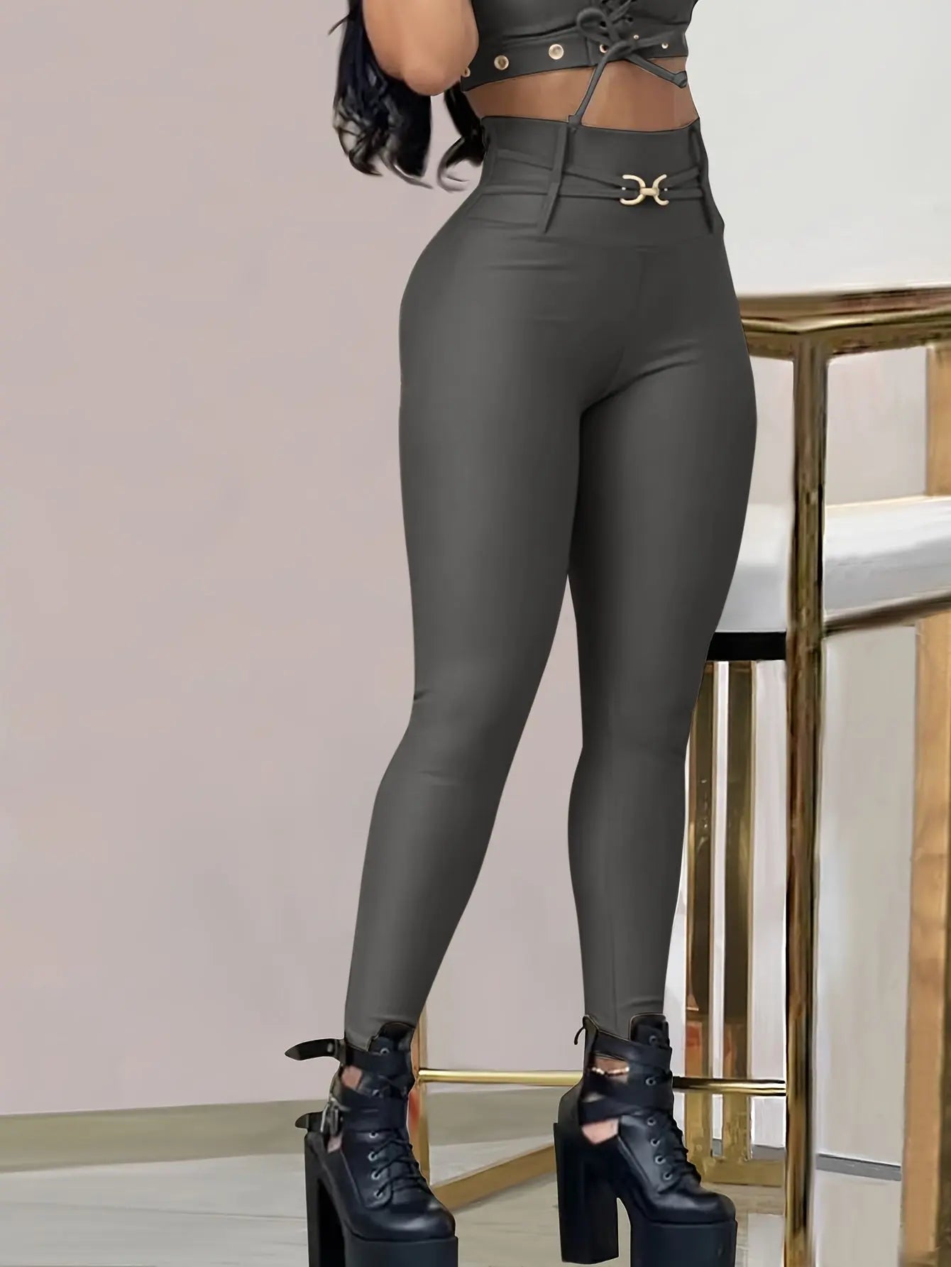 Women’s High-Waist Black Skinny Leggings – Stretchy Fit with Button Detail NNOS