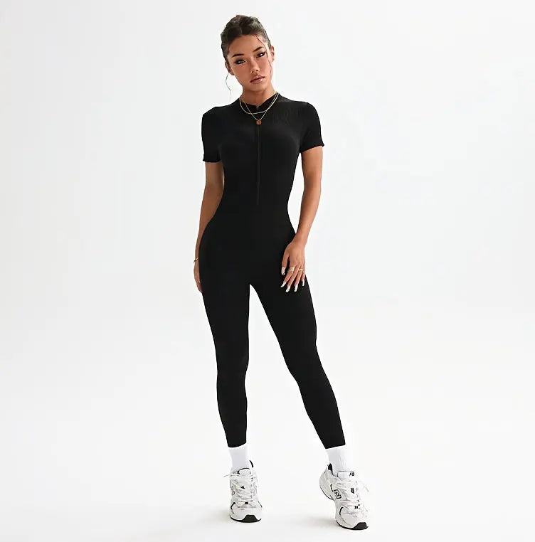 Women’s High-Waist Yoga Onesie – Stretchy Zipper Athletic Jumpsuit Activewear NNOS