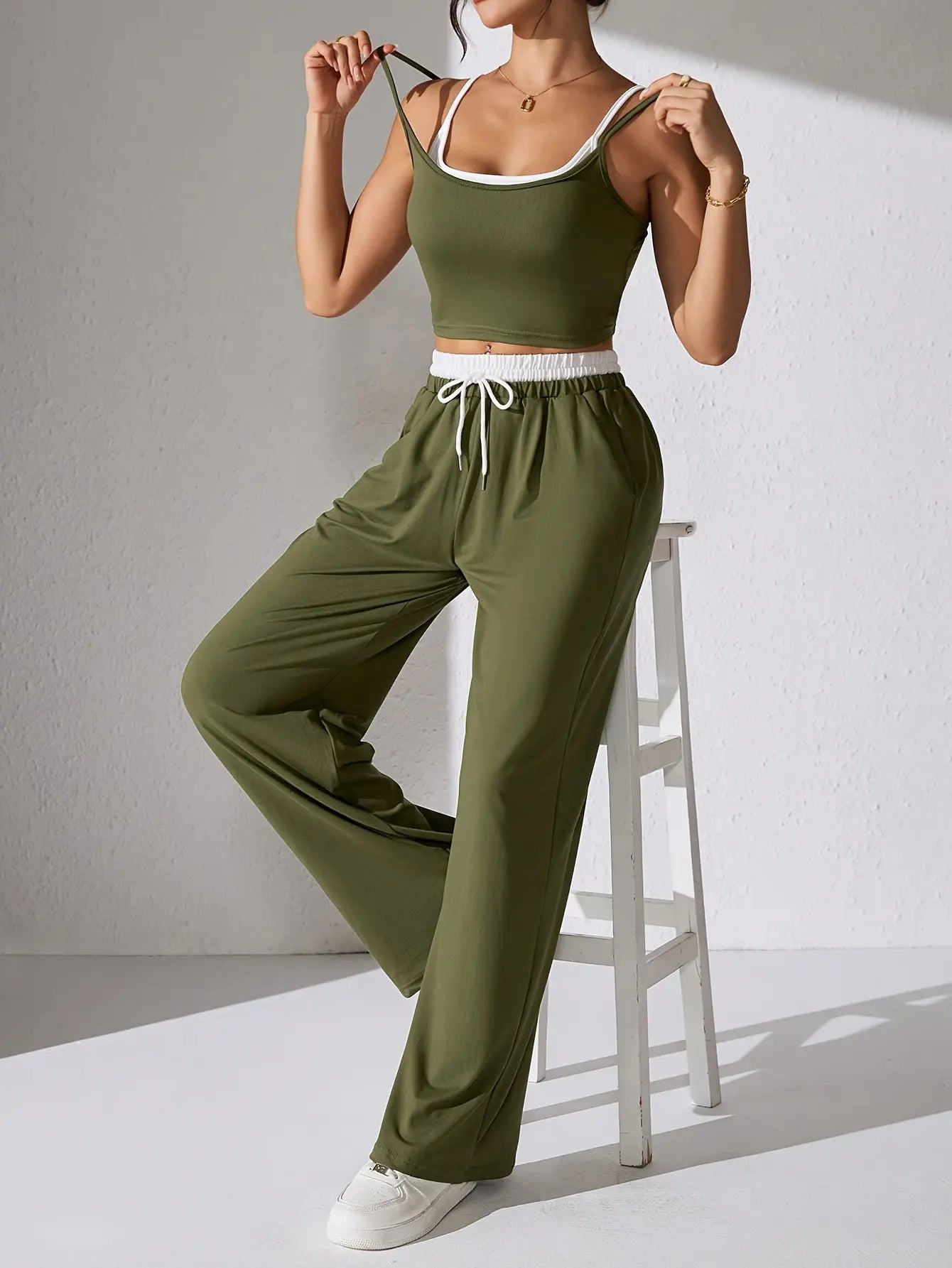 Women's Long Pants Suit Summer Sleeveless Crop Top and Trousers Casual Contrast Vest Set Elegant Two-Piece Outfit NNOS