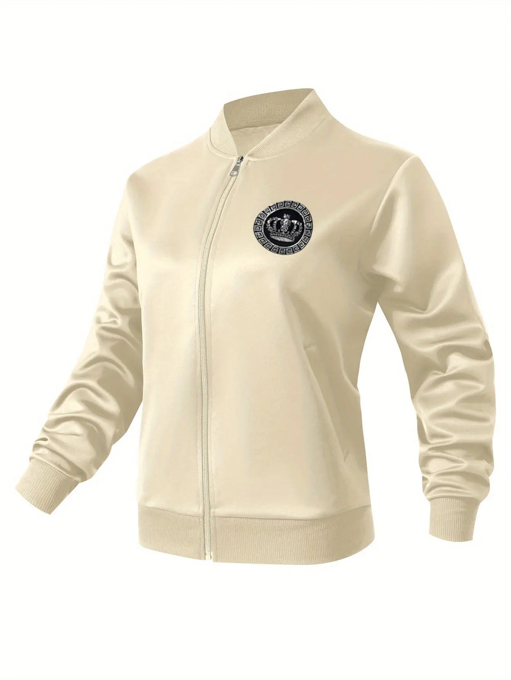 Women’s Crown Print Baseball Jacket – Lightweight Zip-Up Casual Streetwear NNOS