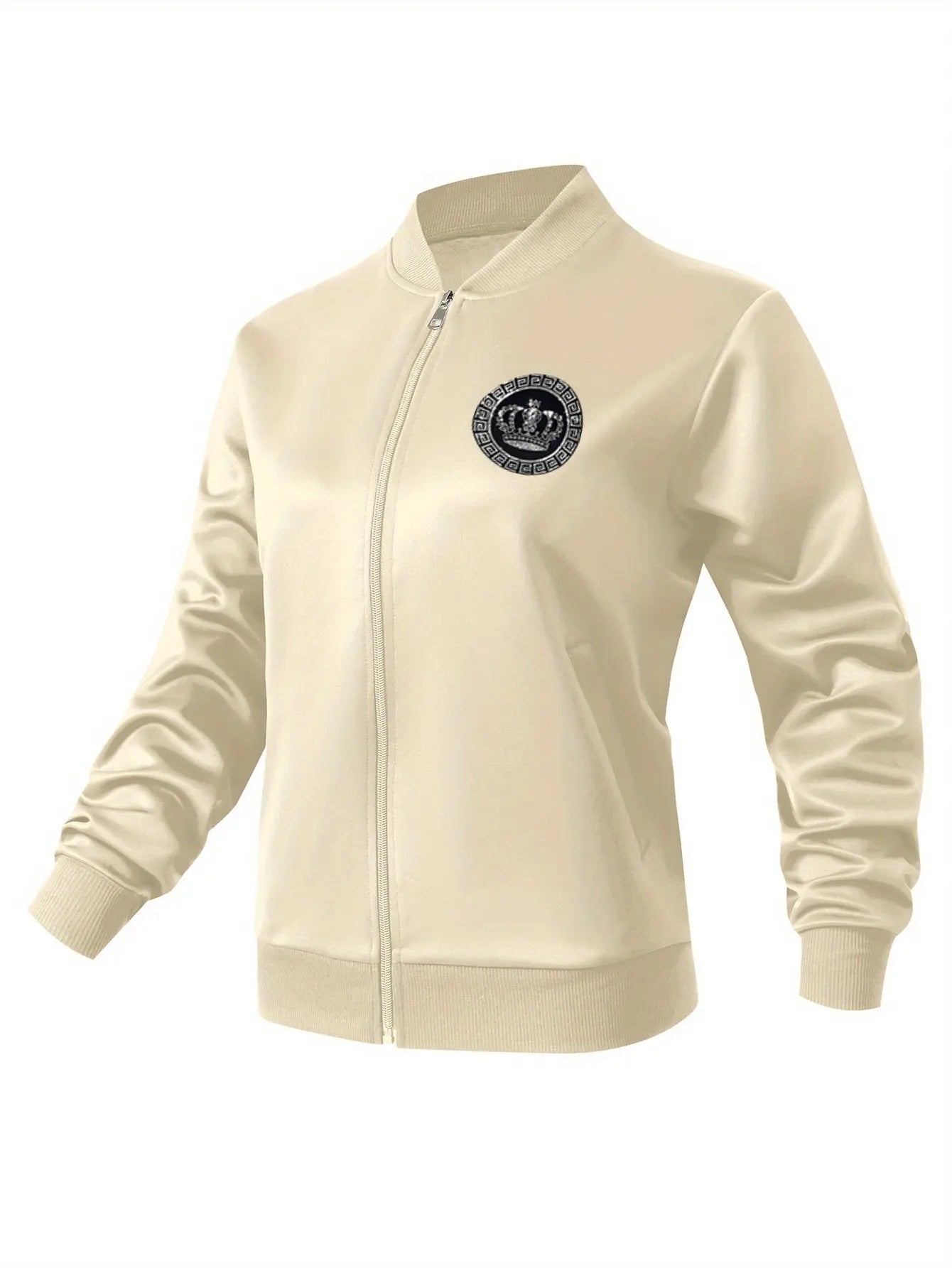 Women’s Crown Print Baseball Jacket – Lightweight Zip-Up Casual Streetwear NNOS