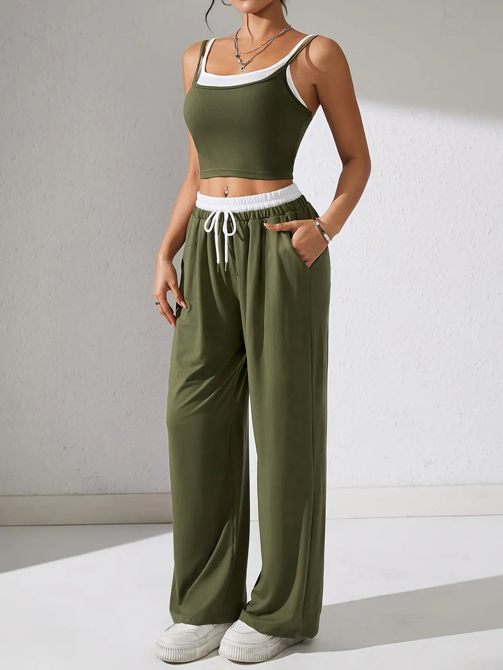 Women's Long Pants Suit Summer Sleeveless Crop Top and Trousers Casual Contrast Vest Set Elegant Two-Piece Outfit NNOS
