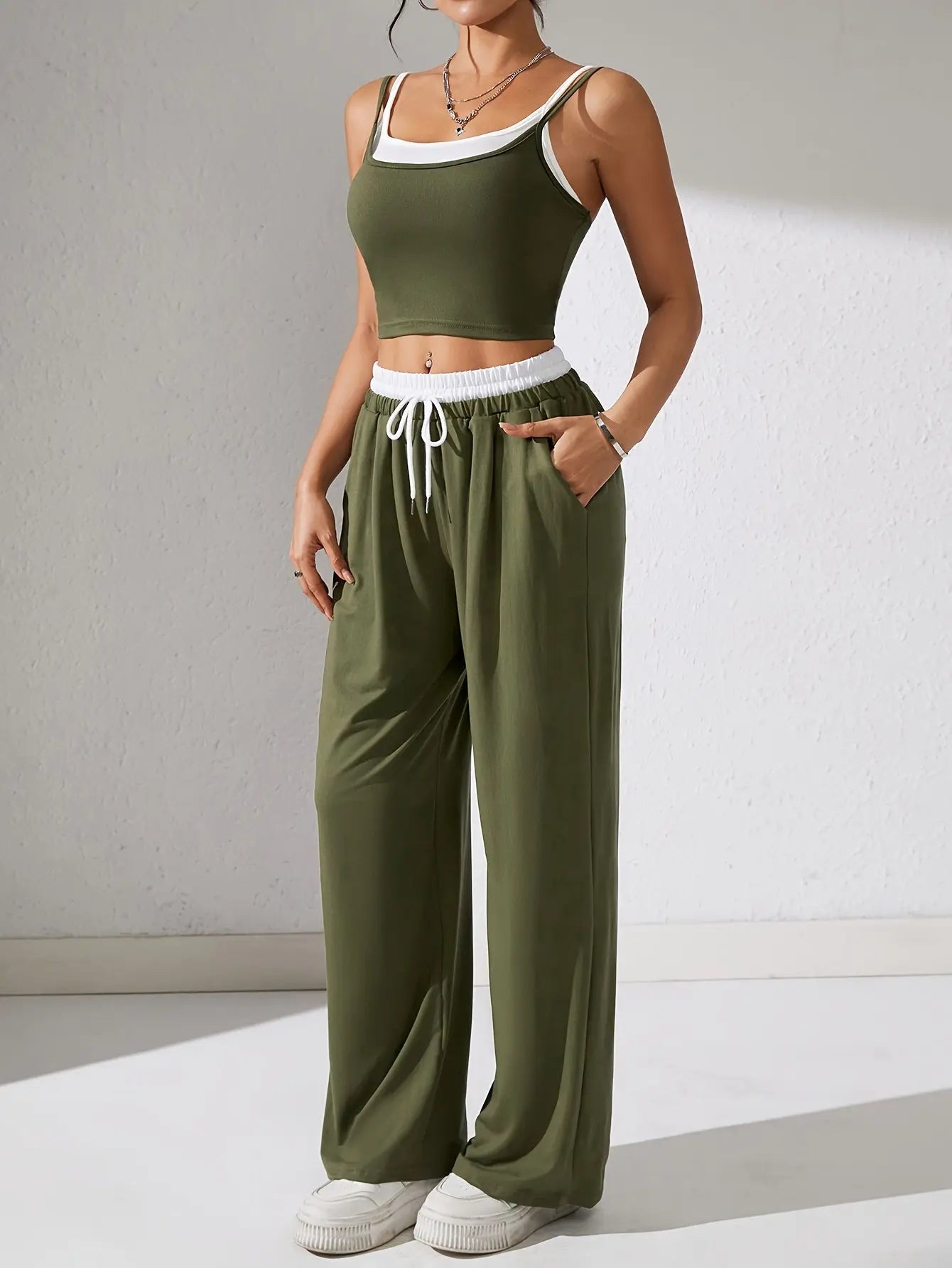 Women's Long Pants Suit Summer Sleeveless Crop Top and Trousers Casual Contrast Vest Set Elegant Two-Piece Outfit NNOS