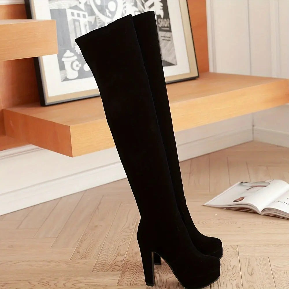 Women’s Over-the-Knee Boots – Chunky Block Heel, Zipper, Flannel Lined NNOS