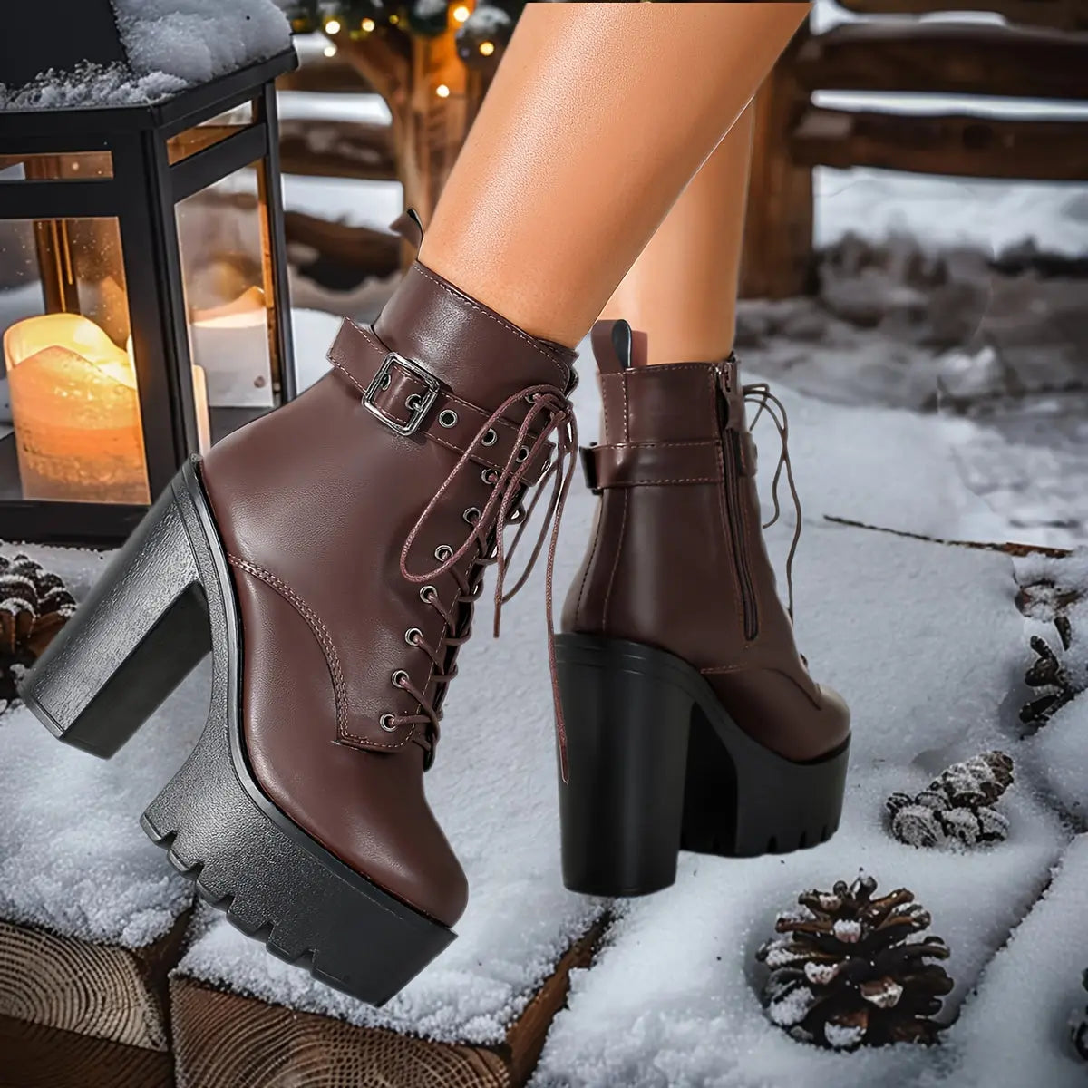 Women’s Chunky Platform Boots – Brown Lace-Up Zip Heeled Boots with Non-Slip Sole NNOS