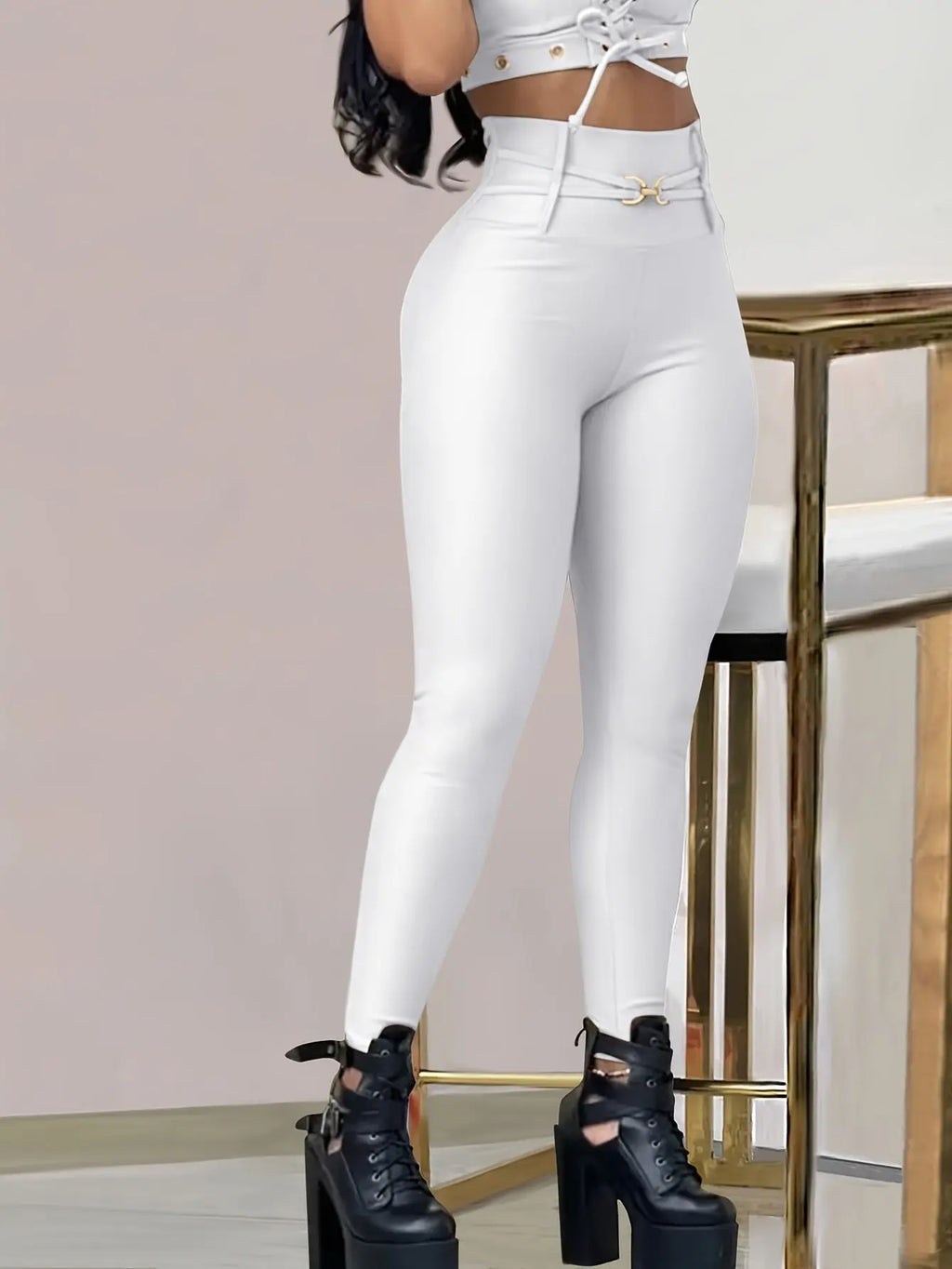 Women’s High-Waist Black Skinny Leggings – Stretchy Fit with Button Detail NNOS