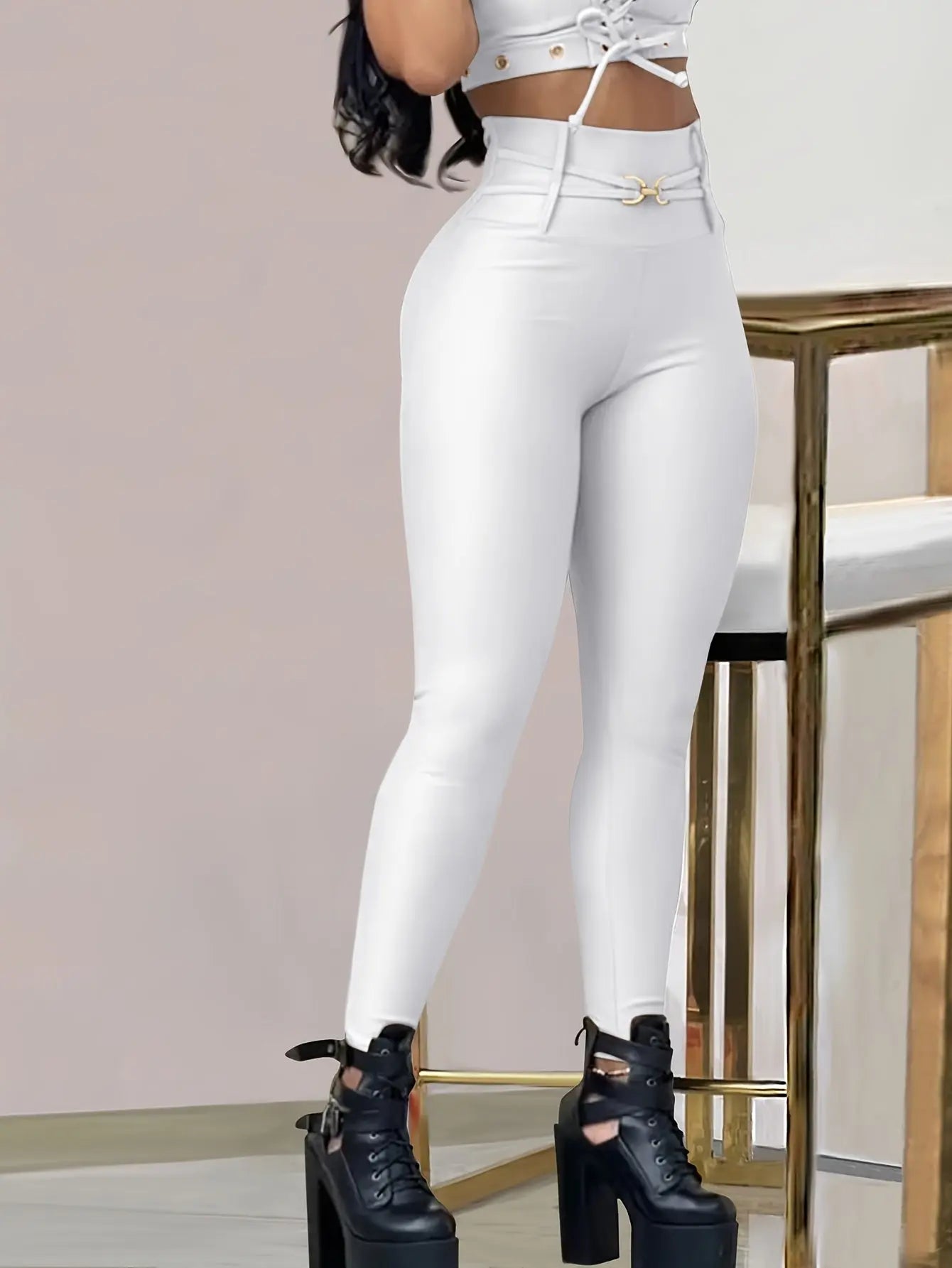 Women’s High-Waist Black Skinny Leggings – Stretchy Fit with Button Detail NNOS