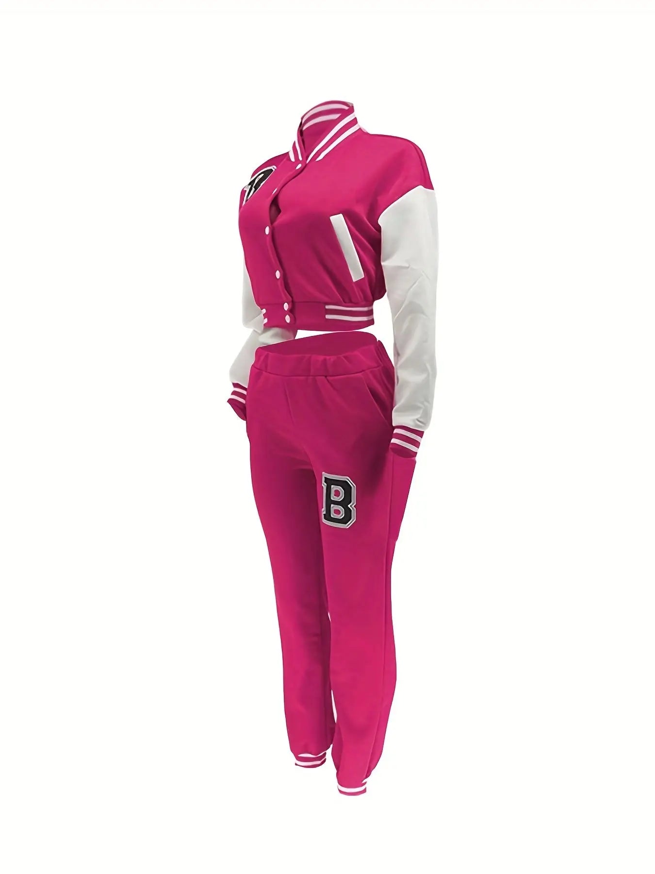 Chic, Women's Casual Letter Print Baseball Jacket and Pants Set - Red and White, Polyester Blend, Machine Washable, Fall/Winter Fashion Ensemble NNOS