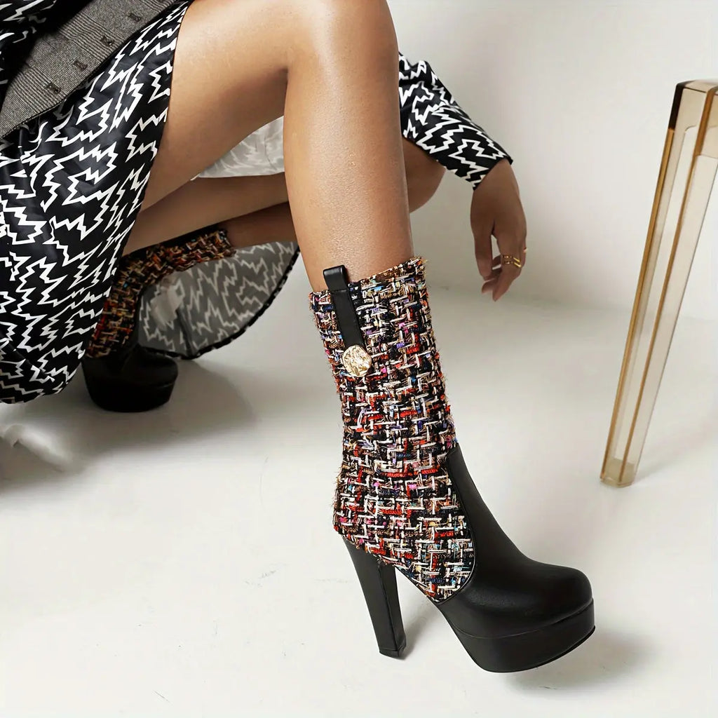 Boots Women's New Spring and Autumn Fashion Stitching Round Head Thick Heel High Heels Mid-Calf Riding Boots Long Boots Women NNOS