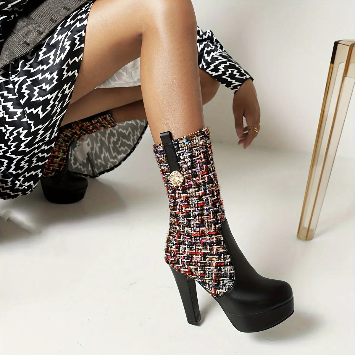 Boots Women's New Spring and Autumn Fashion Stitching Round Head Thick Heel High Heels Mid-Calf Riding Boots Long Boots Women NNOS