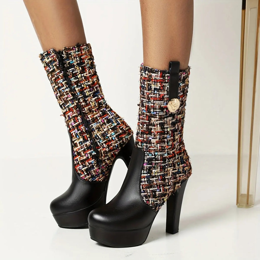 Boots Women's New Spring and Autumn Fashion Stitching Round Head Thick Heel High Heels Mid-Calf Riding Boots Long Boots Women NNOS