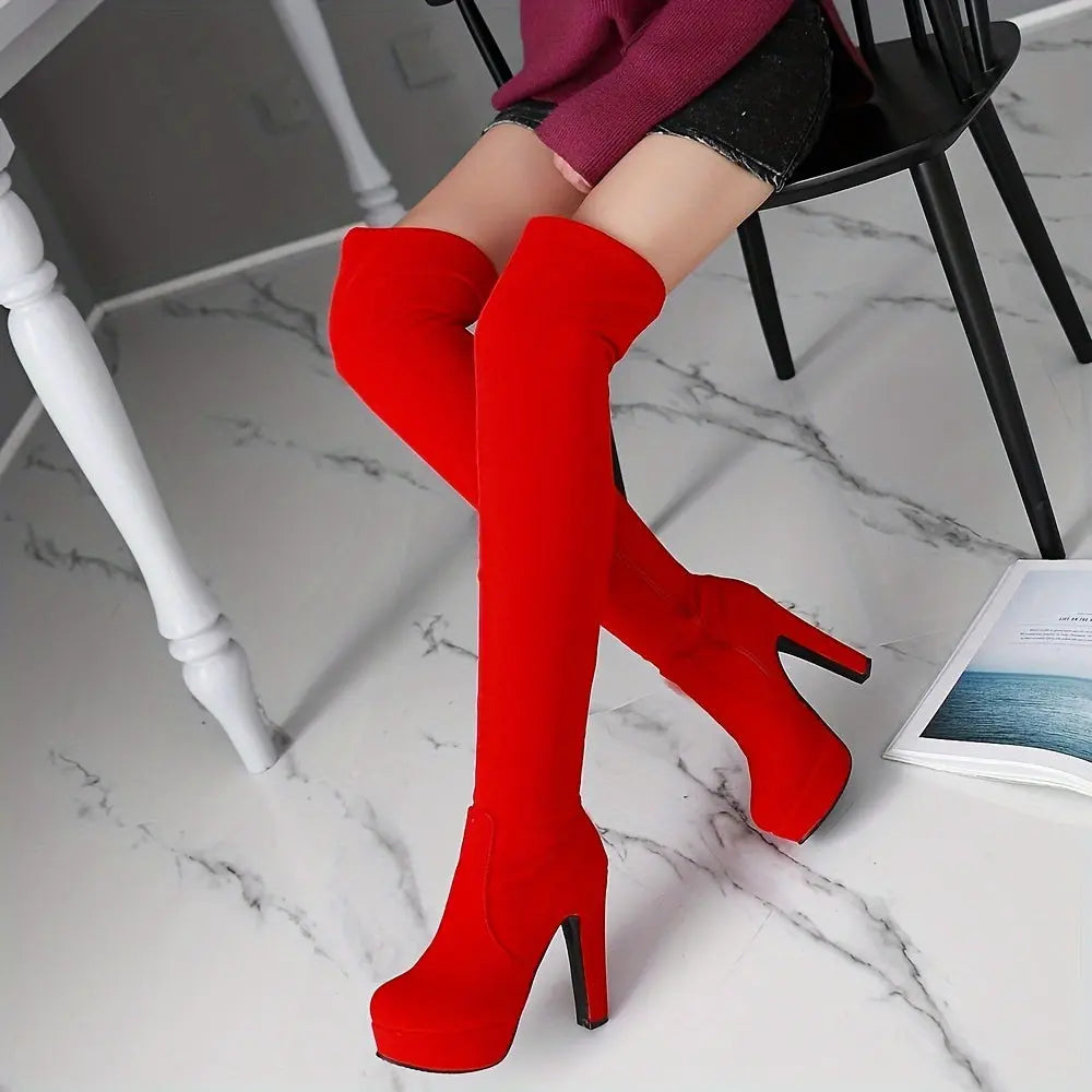 Women’s Over-the-Knee Boots – Chunky Block Heel, Zipper, Flannel Lined NNOS