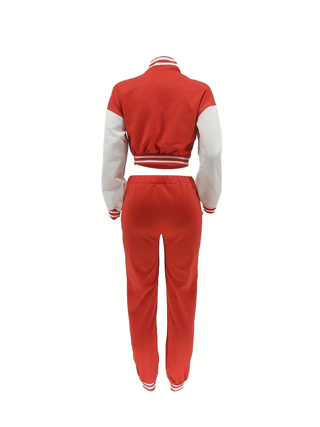 Chic, Women's Casual Letter Print Baseball Jacket and Pants Set - Red and White, Polyester Blend, Machine Washable, Fall/Winter Fashion Ensemble NNOS