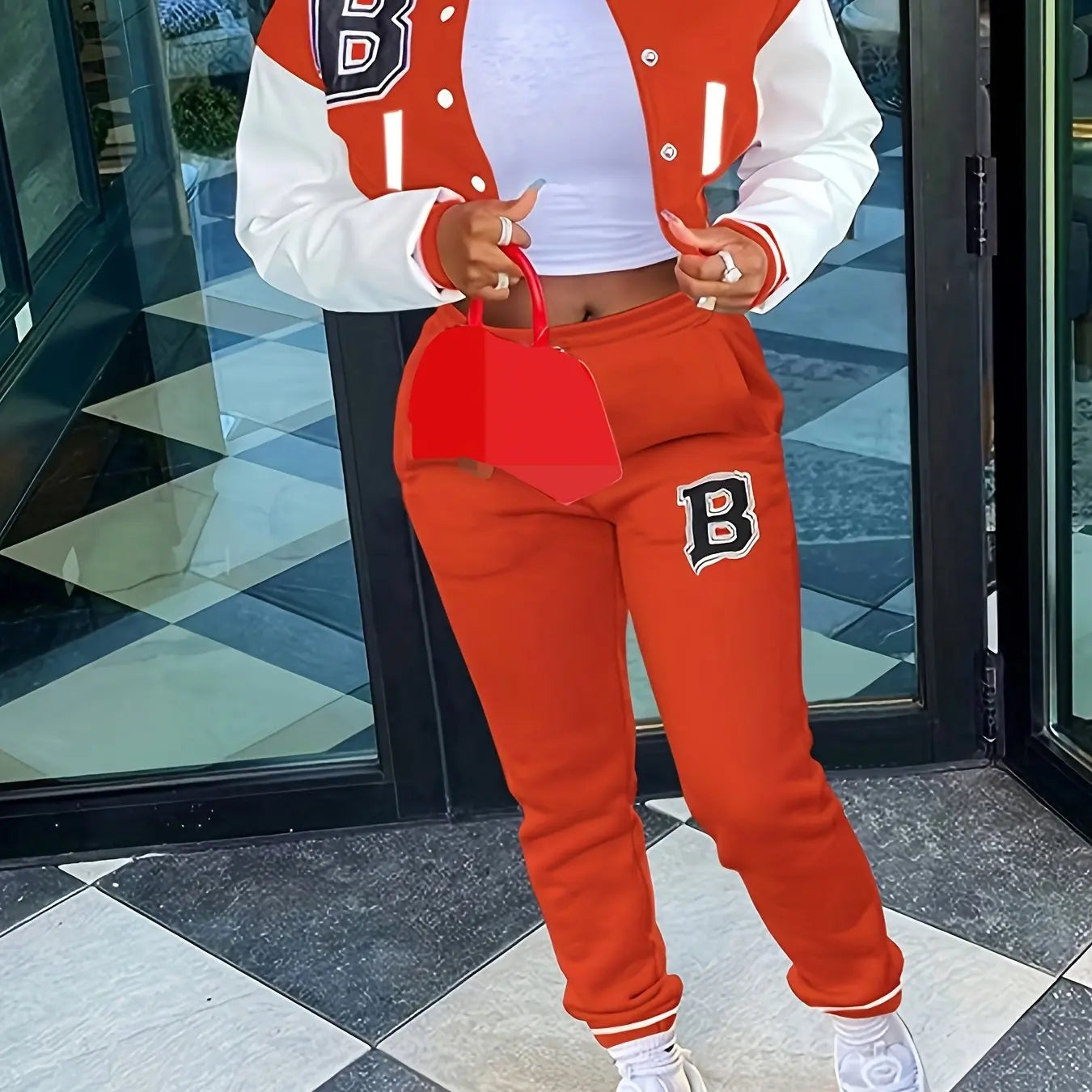 Chic, Women's Casual Letter Print Baseball Jacket and Pants Set - Red and White, Polyester Blend, Machine Washable, Fall/Winter Fashion Ensemble NNOS