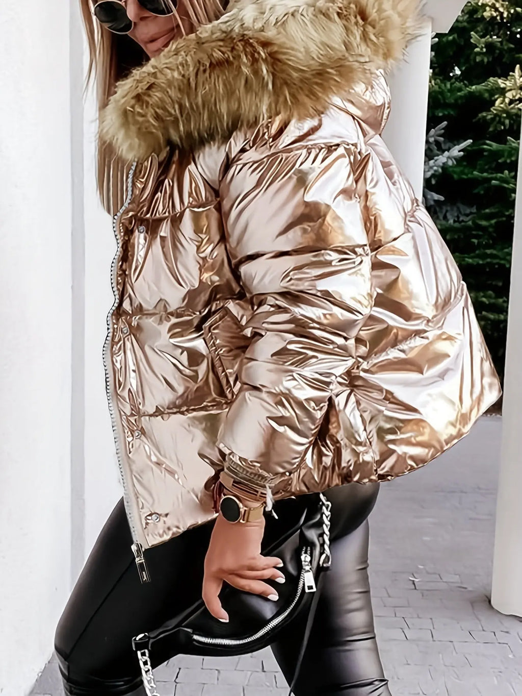 Women’s Cozy Faux Fur Hooded Jacket – Thick Zip-Up Winter Coat with Pockets NNOS