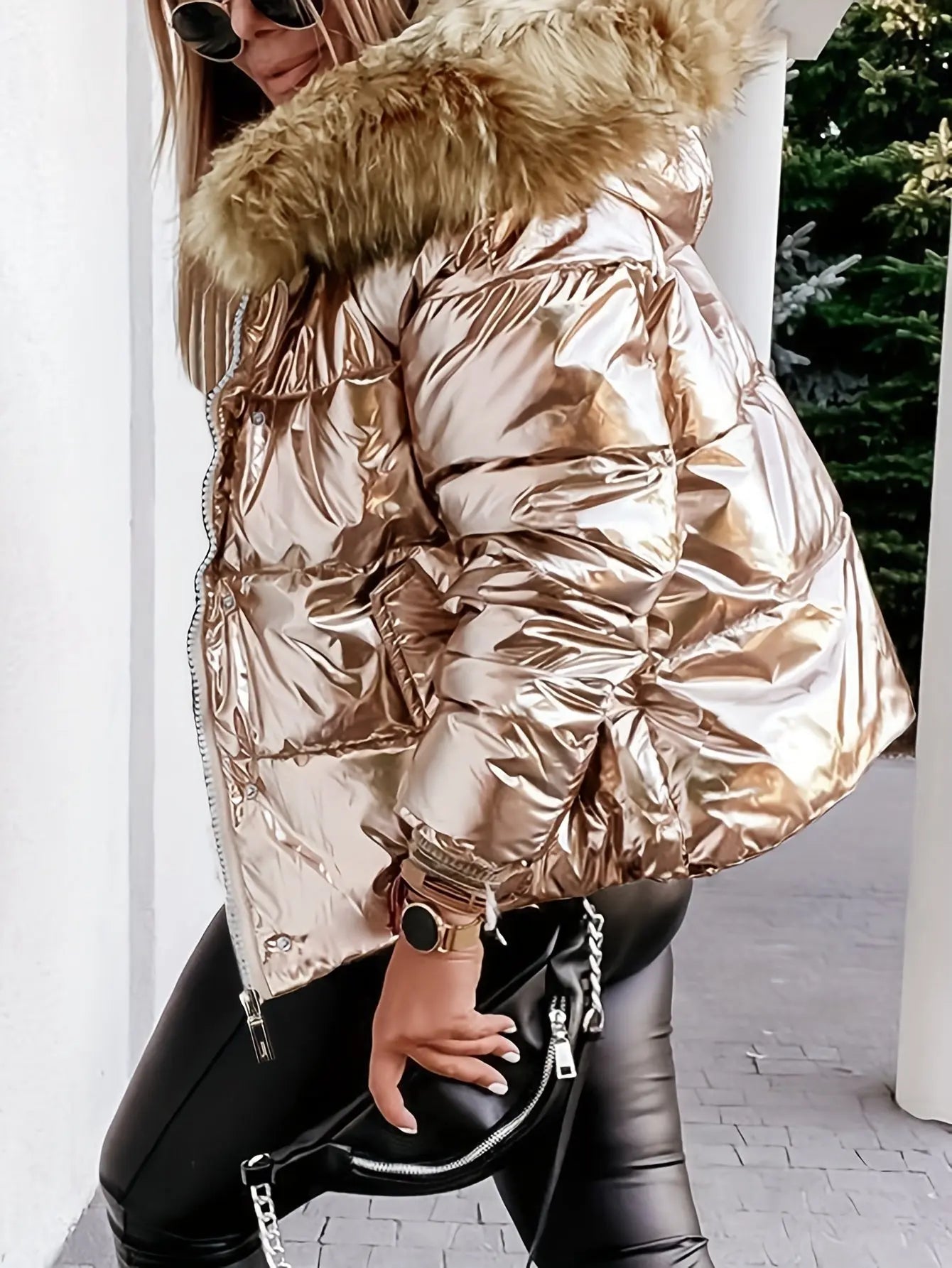 Women’s Cozy Faux Fur Hooded Jacket – Thick Zip-Up Winter Coat with Pockets NNOS