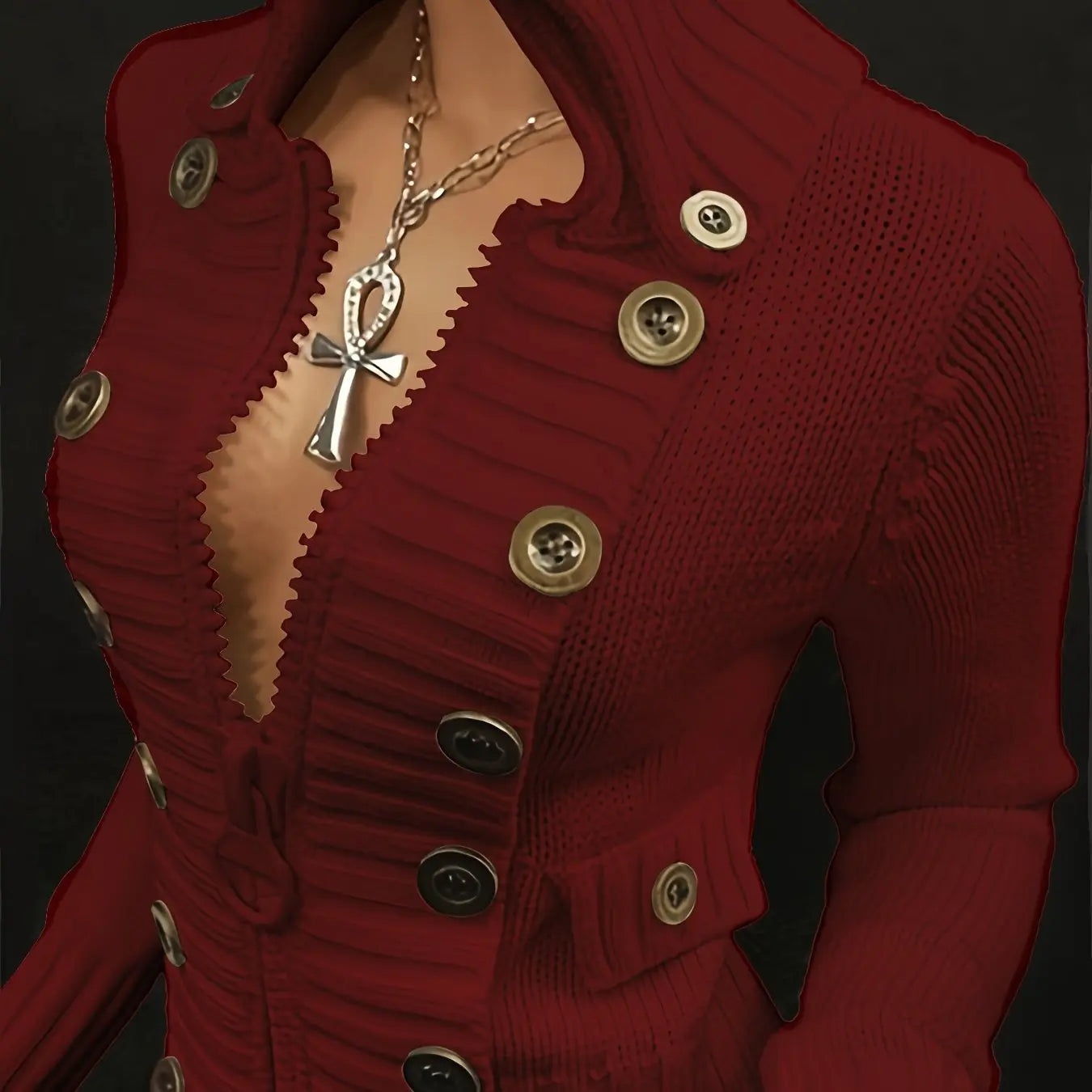 Multi-button decorated large zipper stand-up collar slim-fit cardigan NNOS