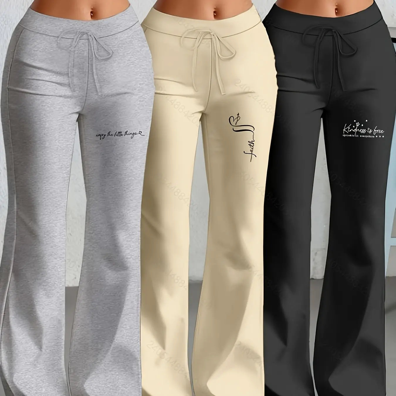European and American Women's Straight-Leg Flare Pants Classic Personality English Text Print Long Pants 3pcs Set NNOS