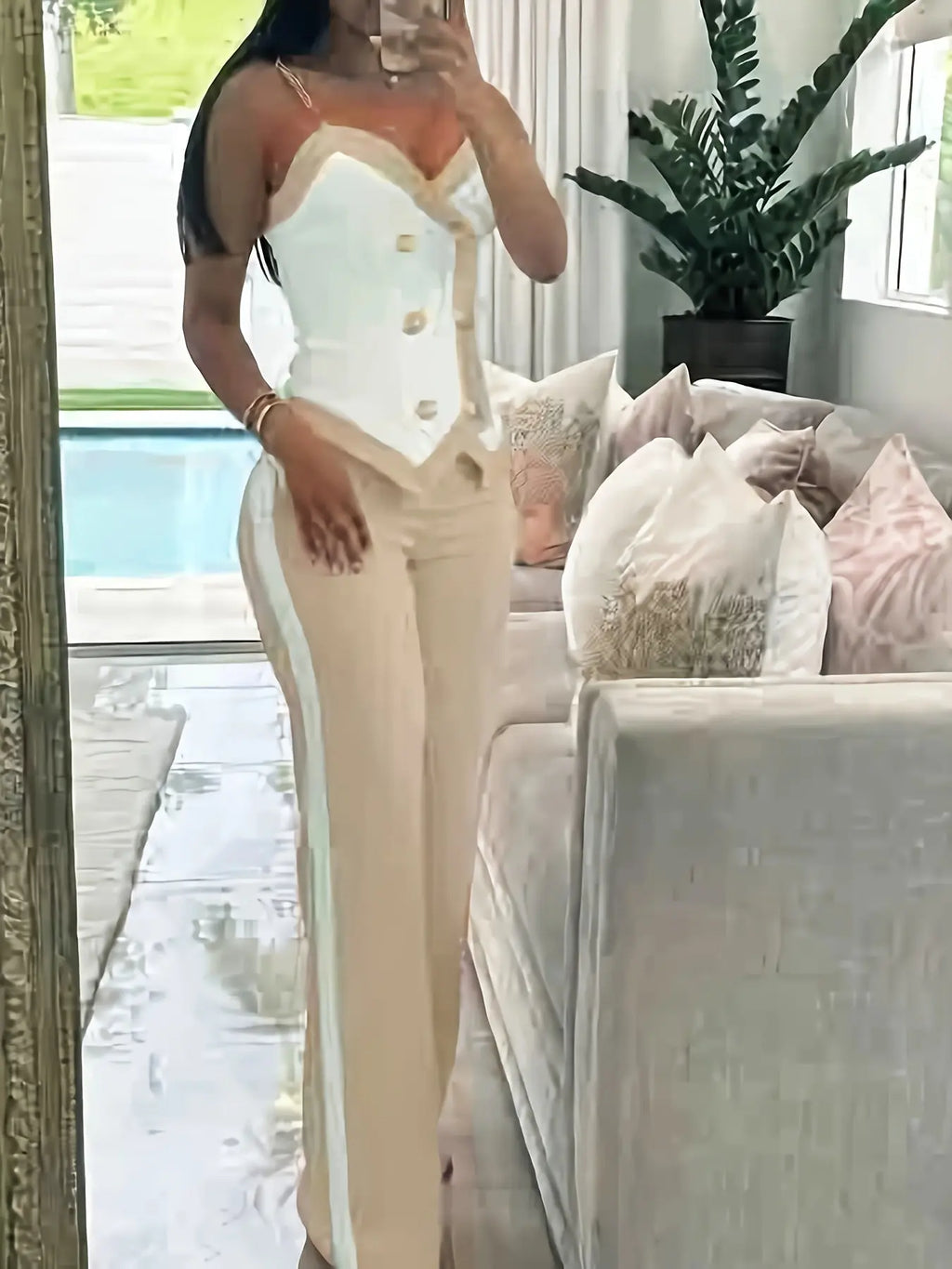 Chic Chain V-Neck Camisole & Color-Block Pants Set – Trendy Spring/Summer Look NNOS