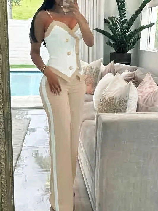Chic Chain V-Neck Camisole & Color-Block Pants Set – Trendy Spring/Summer Look NNOS