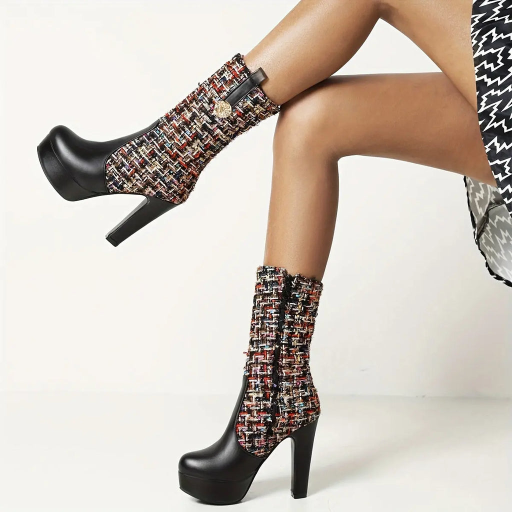 Boots Women's New Spring and Autumn Fashion Stitching Round Head Thick Heel High Heels Mid-Calf Riding Boots Long Boots Women NNOS