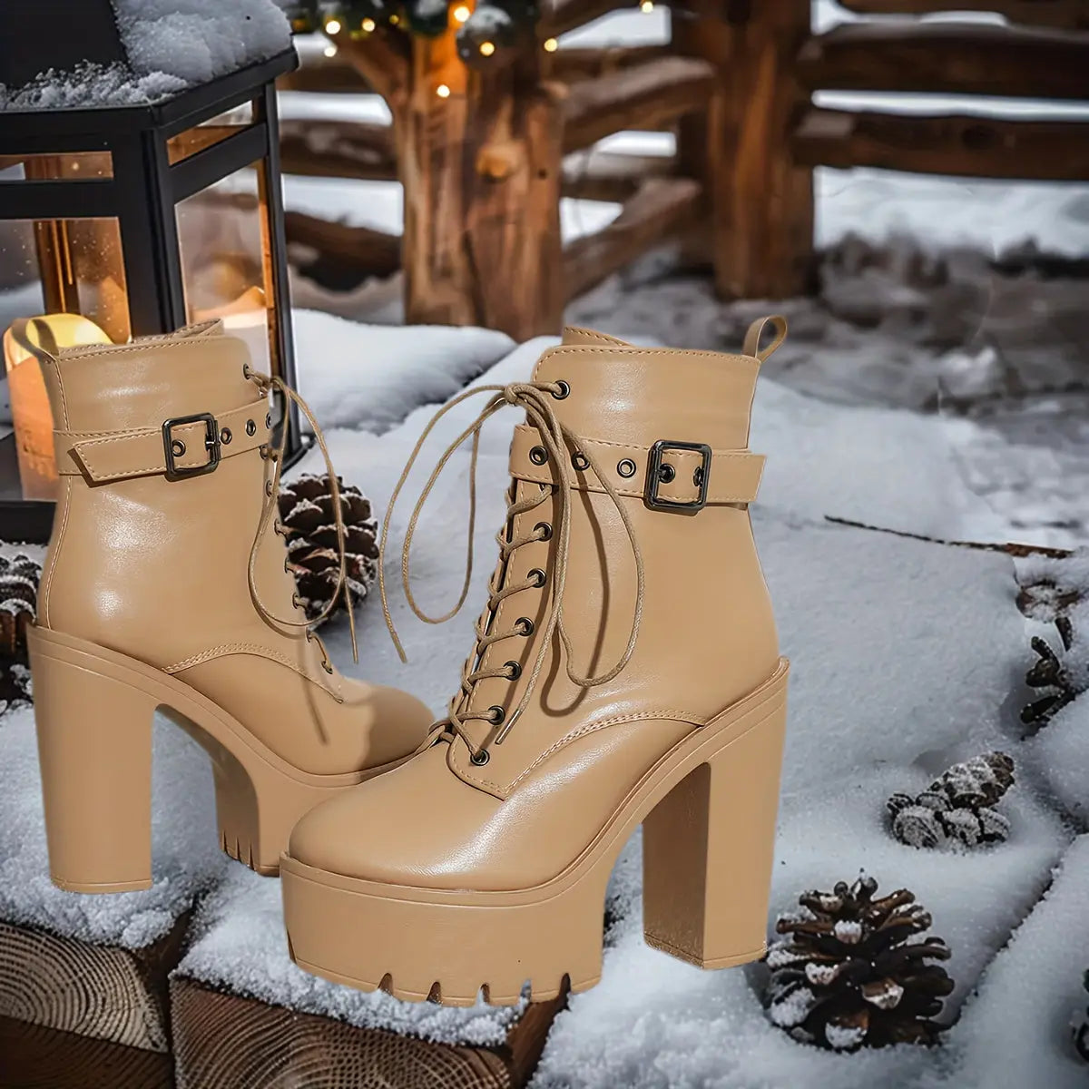 Women’s Chunky Platform Boots – Brown Lace-Up Zip Heeled Boots with Non-Slip Sole NNOS