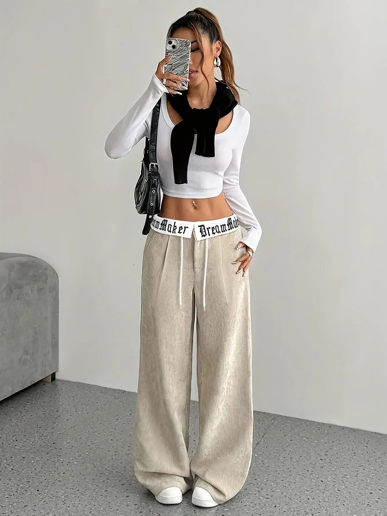 Women’s Gray Wide-Leg Sweatpants – Vintage Y2K Streetwear with Embroidery NNOS