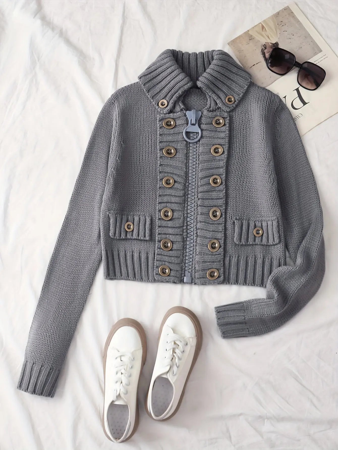 Multi-button decorated large zipper stand-up collar slim-fit cardigan NNOS