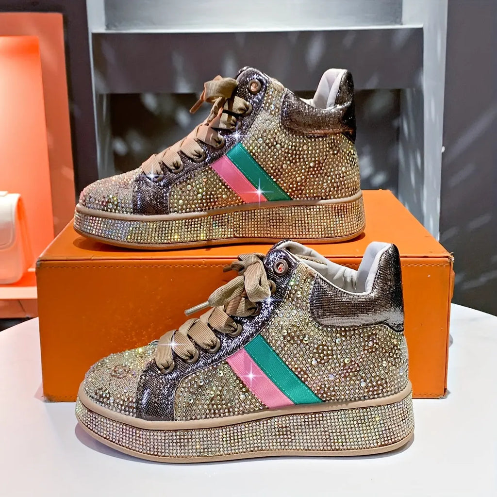 Women’s High-Top Rhinestone Sneakers – Sparkling Platform Lace-Up Casual Shoes NNOS