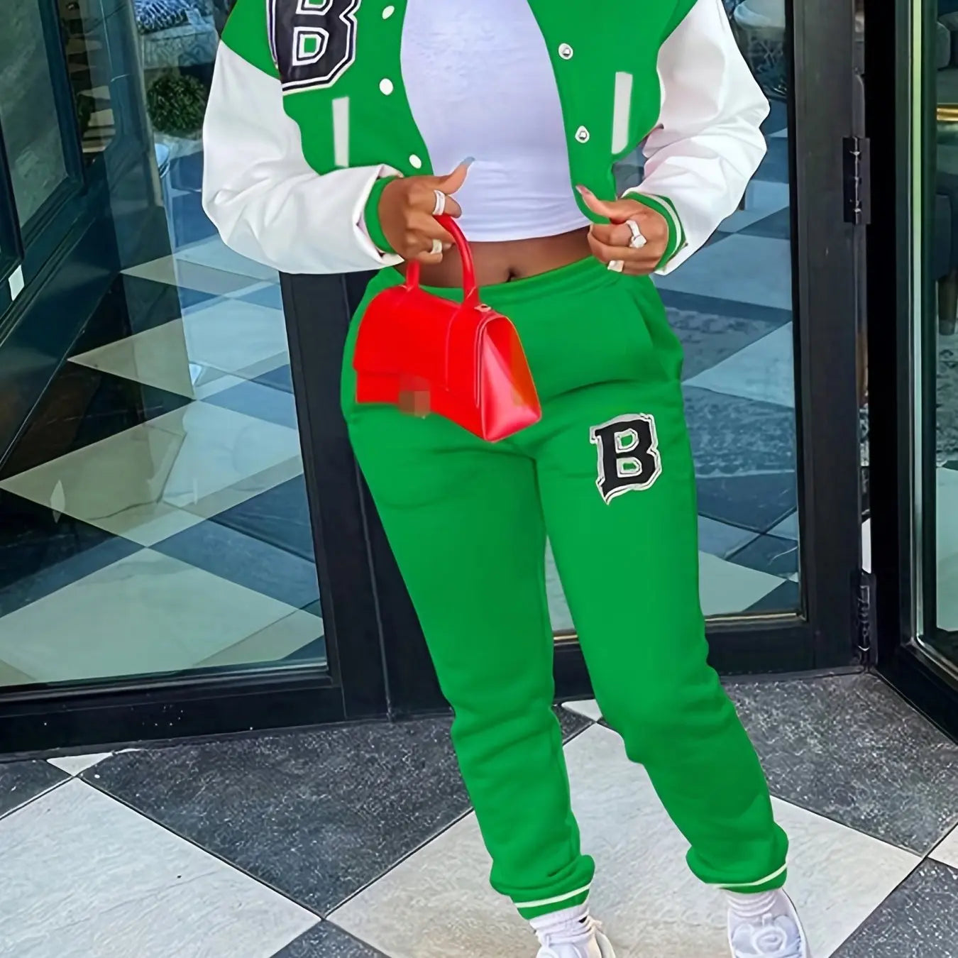 Chic, Women's Casual Letter Print Baseball Jacket and Pants Set - Red and White, Polyester Blend, Machine Washable, Fall/Winter Fashion Ensemble NNOS