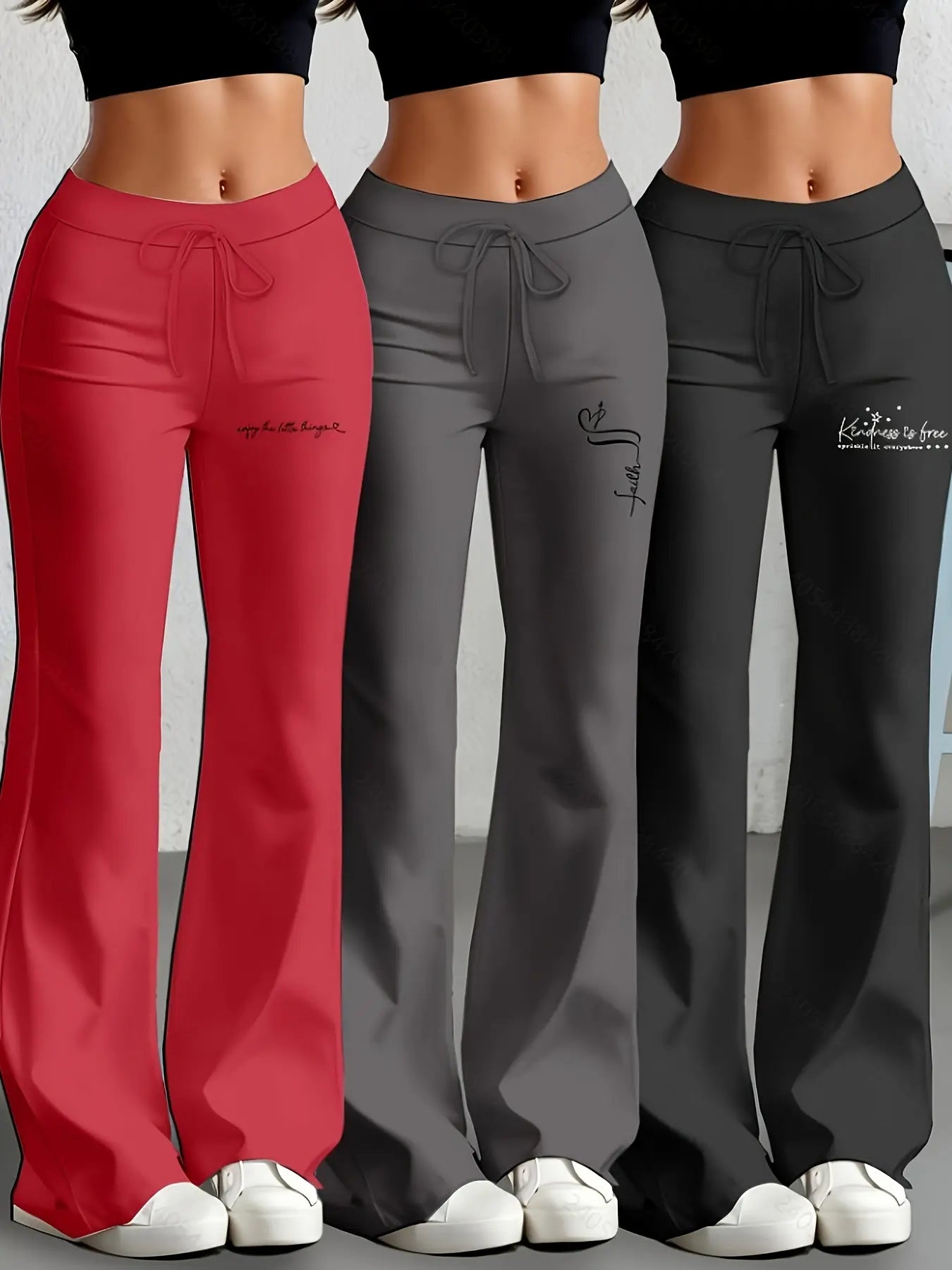 European and American Women's Straight-Leg Flare Pants Classic Personality English Text Print Long Pants 3pcs Set NNOS