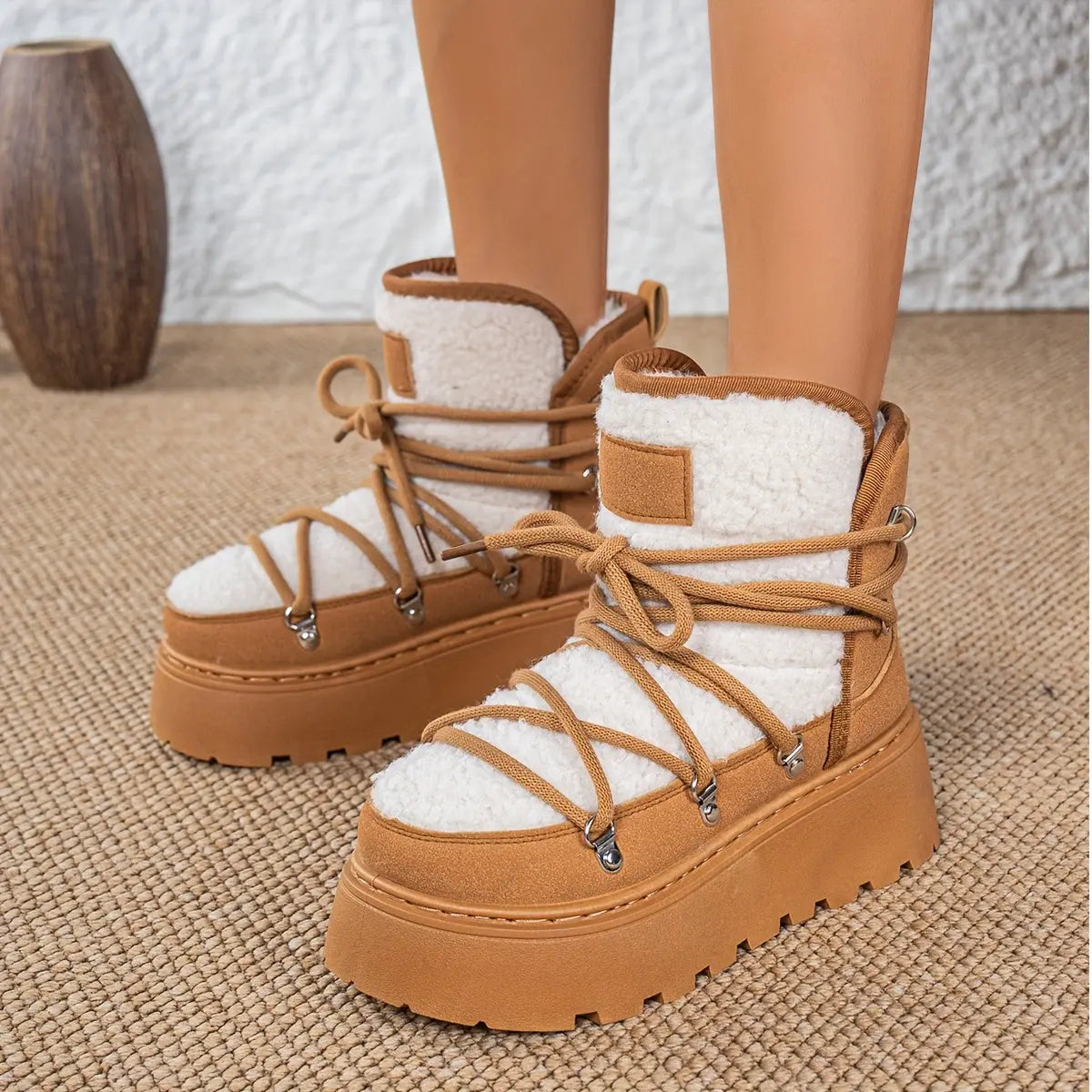 Women’s Cozy Fleece-Lined Winter Boots – Warm Lace-Up Snow Shoes with Buckles NNOS