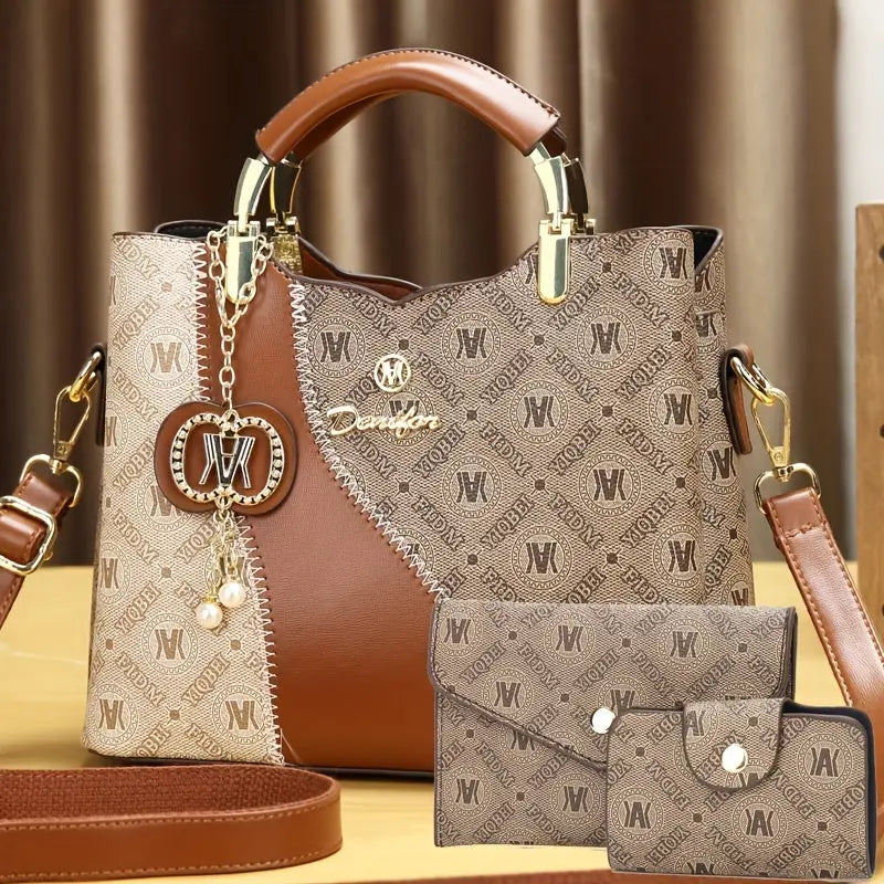 Three-Piece Set Women's Trendy Shoulder Bag, Vintage Print Crossbody Handbag NNOS
