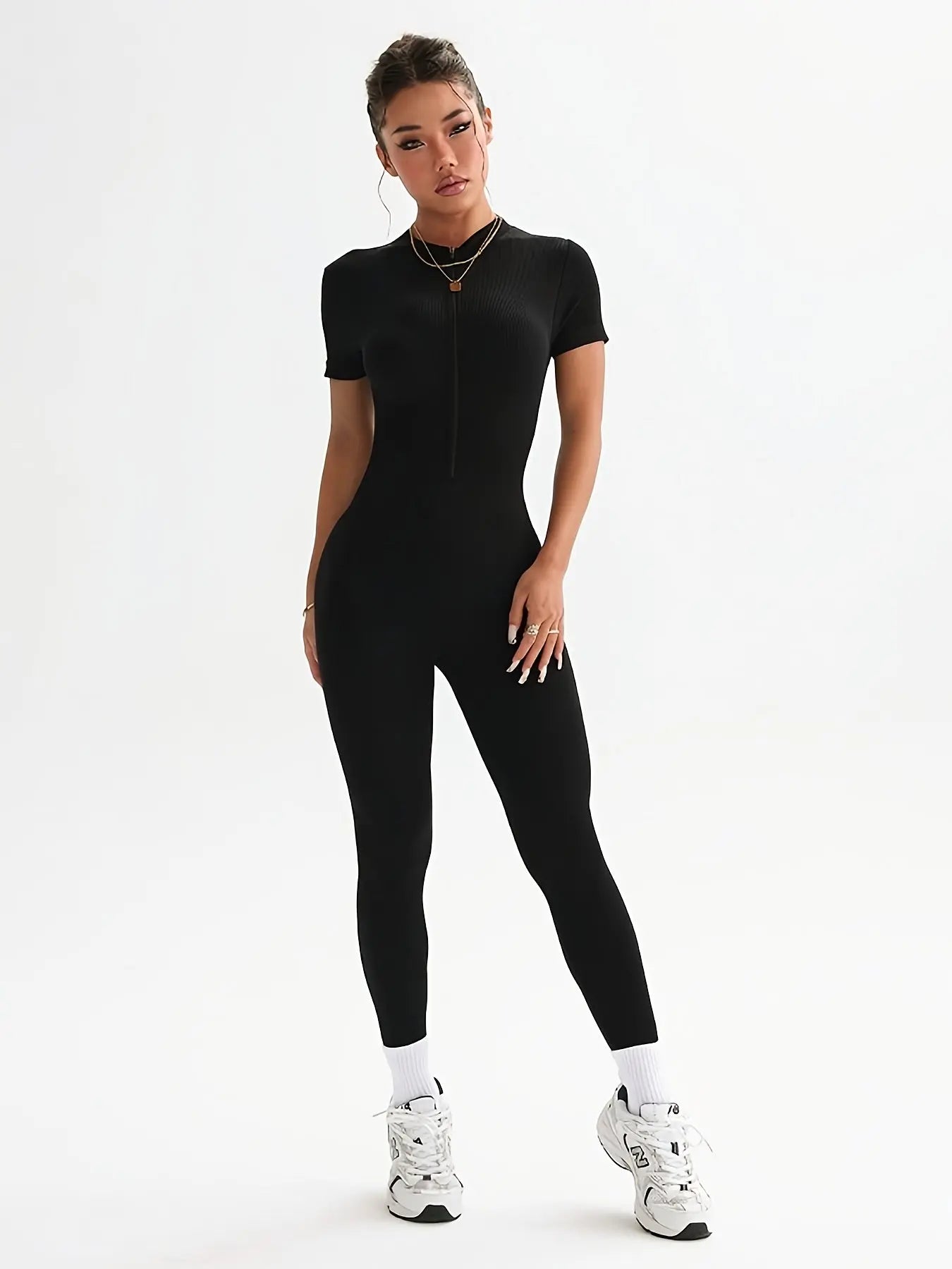 Women’s High-Waist Yoga Onesie – Stretchy Zipper Athletic Jumpsuit Activewear NNOS