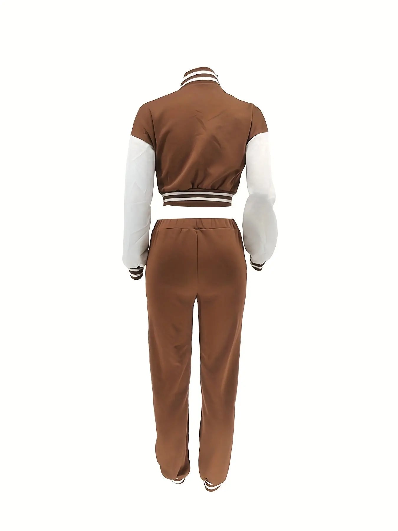 Chic, Women's Casual Letter Print Baseball Jacket and Pants Set - Red and White, Polyester Blend, Machine Washable, Fall/Winter Fashion Ensemble NNOS