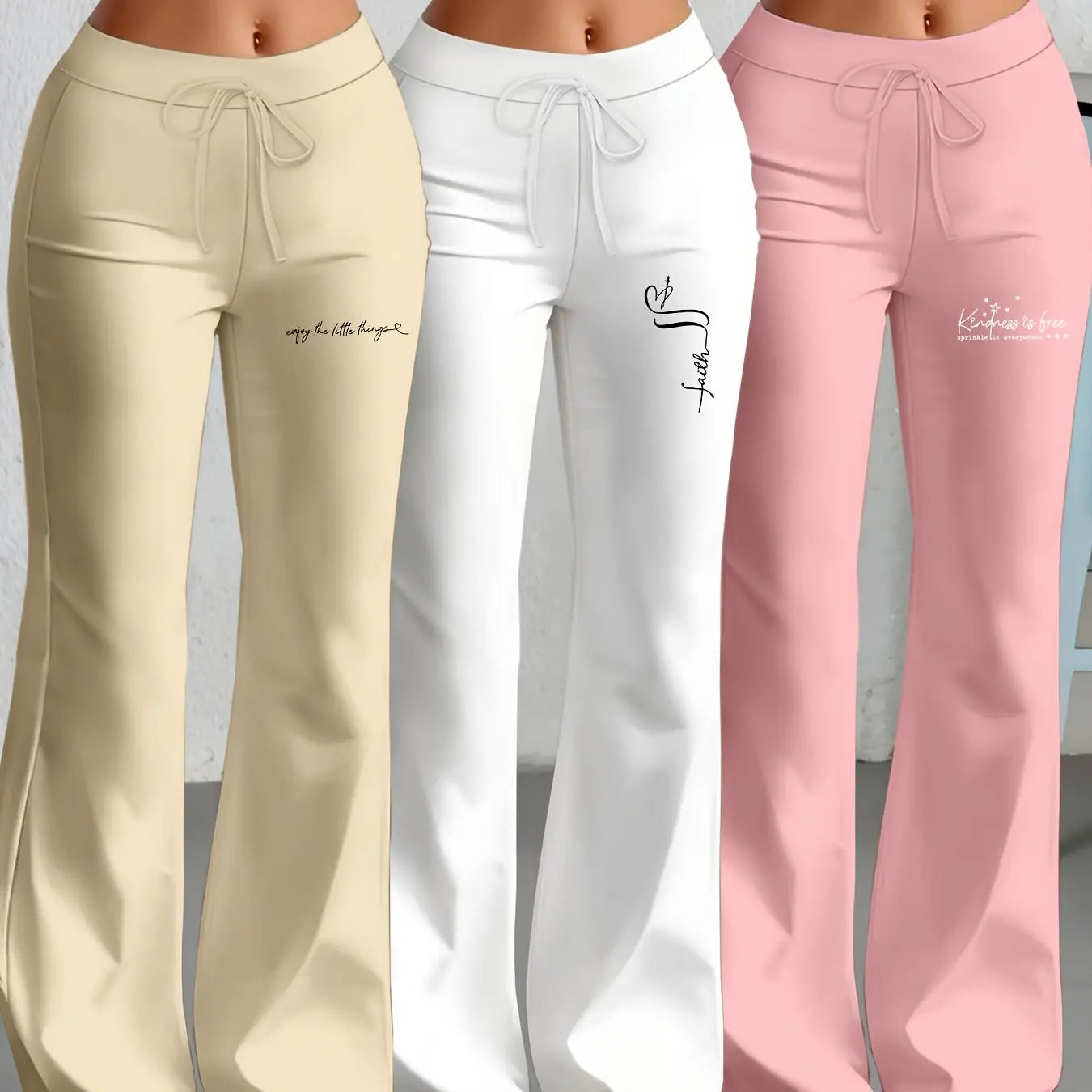 European and American Women's Straight-Leg Flare Pants Classic Personality English Text Print Long Pants 3pcs Set NNOS