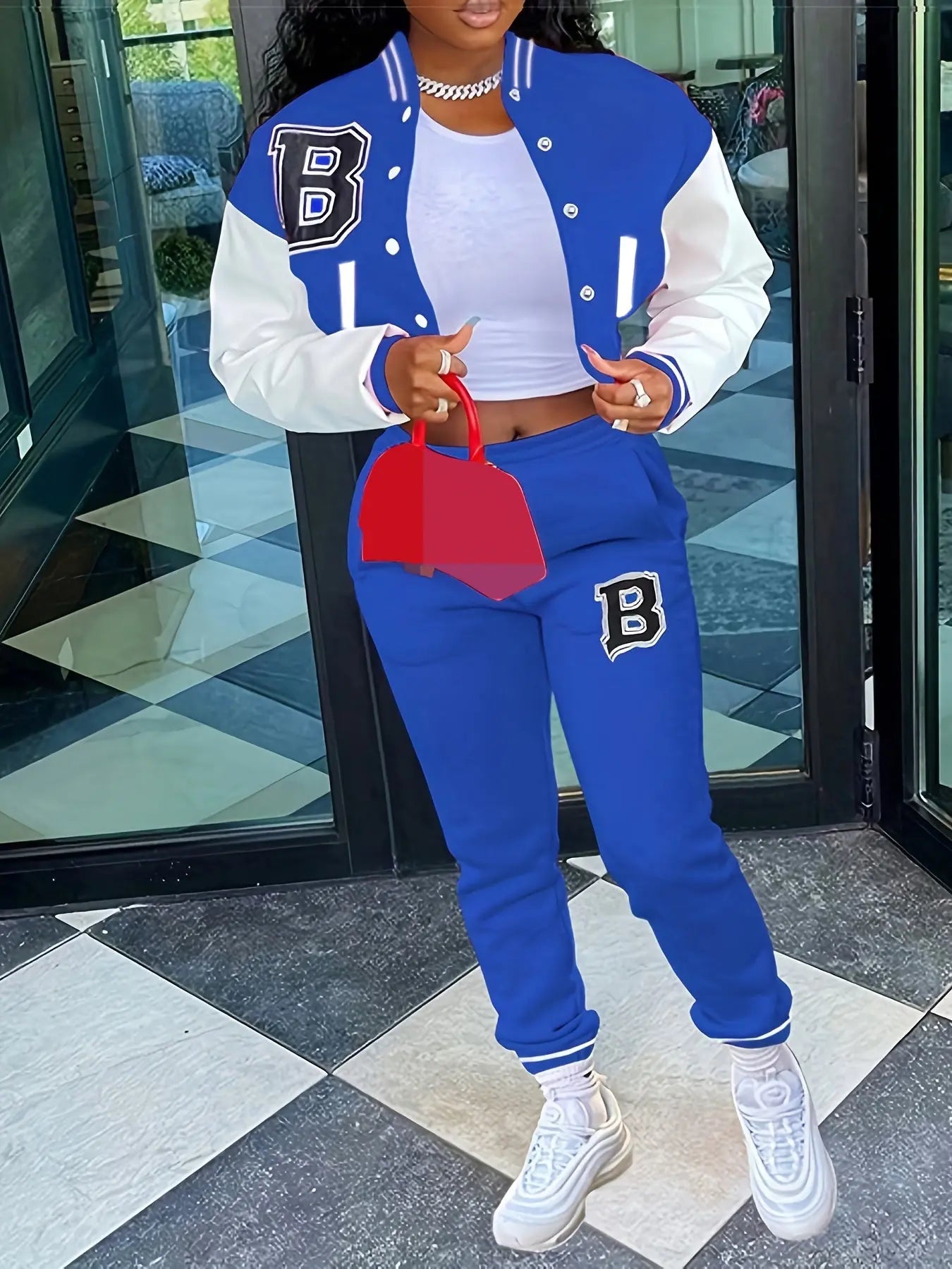 Chic, Women's Casual Letter Print Baseball Jacket and Pants Set - Red and White, Polyester Blend, Machine Washable, Fall/Winter Fashion Ensemble NNOS