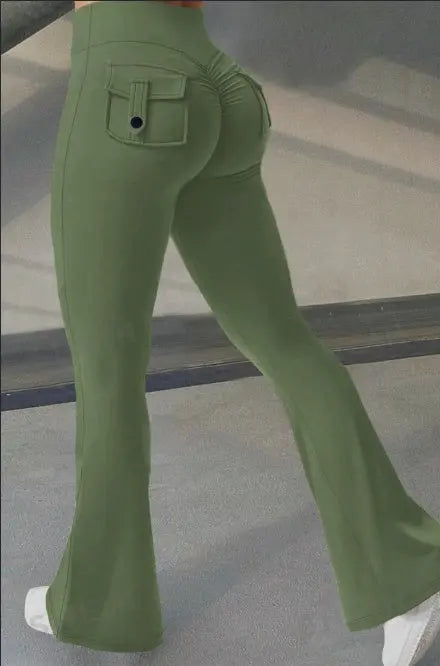 Yoga Fitness Flared Pants With Pockets Ins Fashion Slim High Waist Sports Trousers  Scrunch Butt Booty Workout Lifting Leggings NNOS