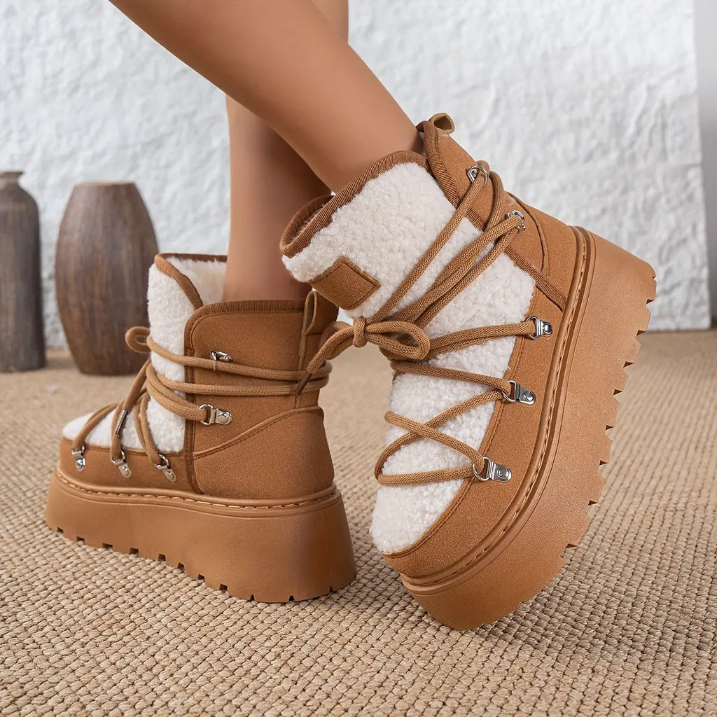 Women’s Cozy Fleece-Lined Winter Boots – Warm Lace-Up Snow Shoes with Buckles NNOS