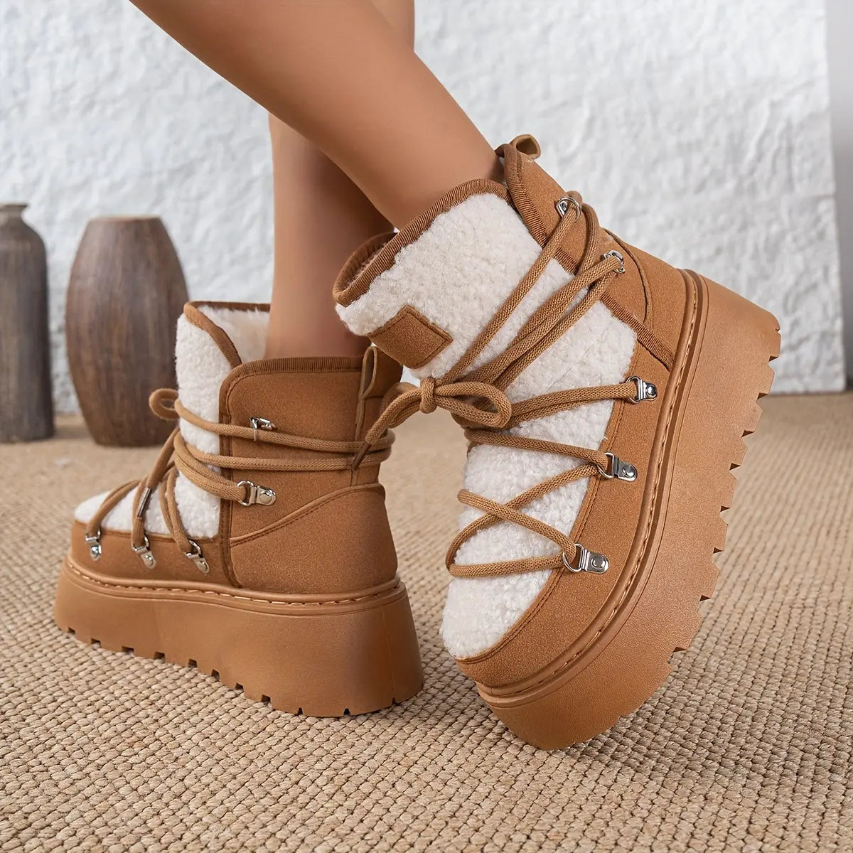 Women’s Cozy Fleece-Lined Winter Boots – Warm Lace-Up Snow Shoes with Buckles NNOS