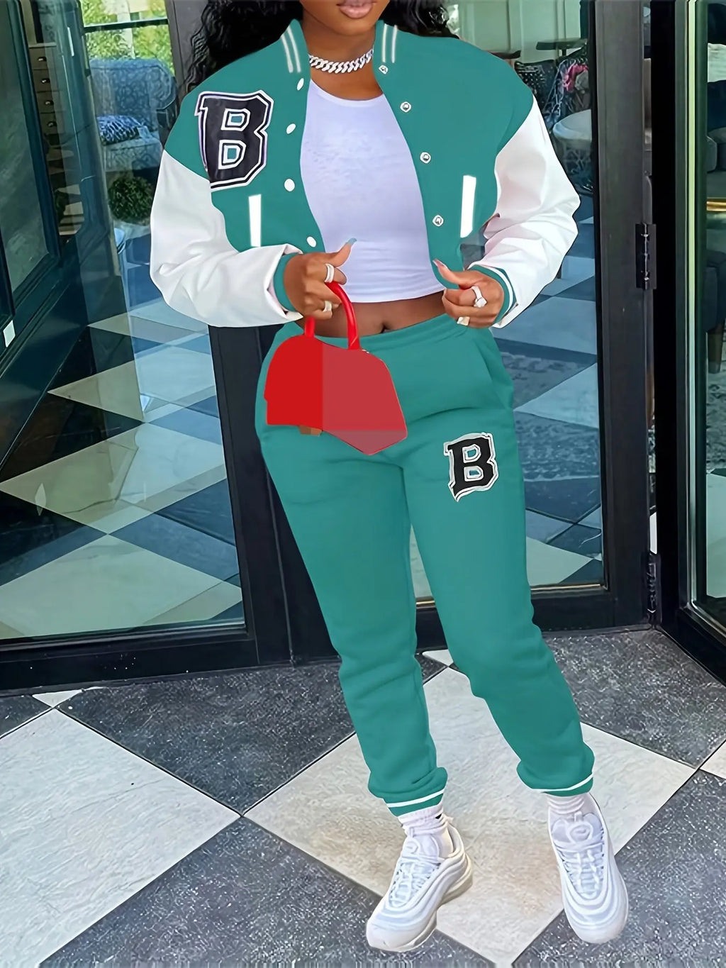 Chic, Women's Casual Letter Print Baseball Jacket and Pants Set - Red and White, Polyester Blend, Machine Washable, Fall/Winter Fashion Ensemble NNOS