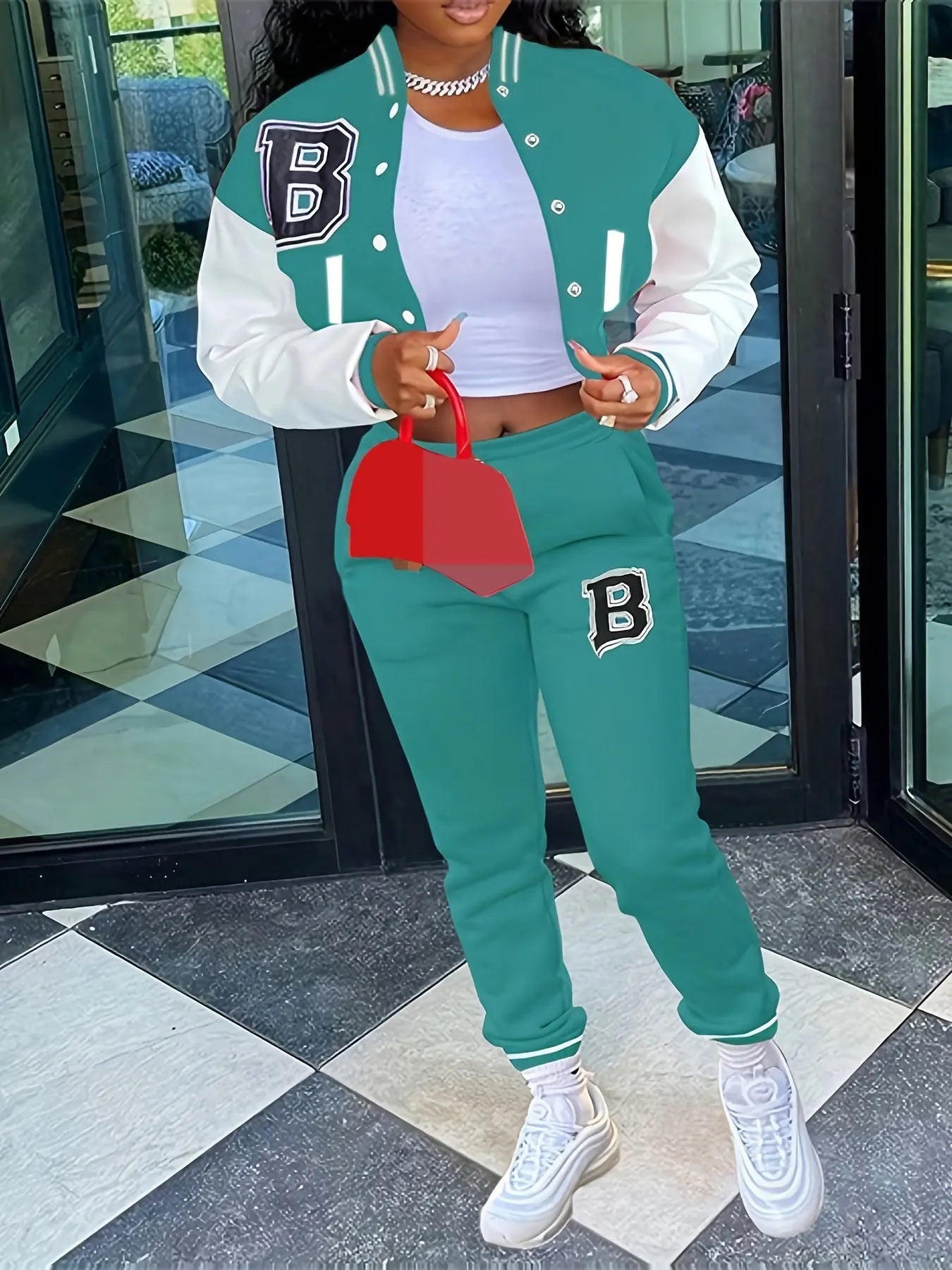 Chic, Women's Casual Letter Print Baseball Jacket and Pants Set - Red and White, Polyester Blend, Machine Washable, Fall/Winter Fashion Ensemble NNOS