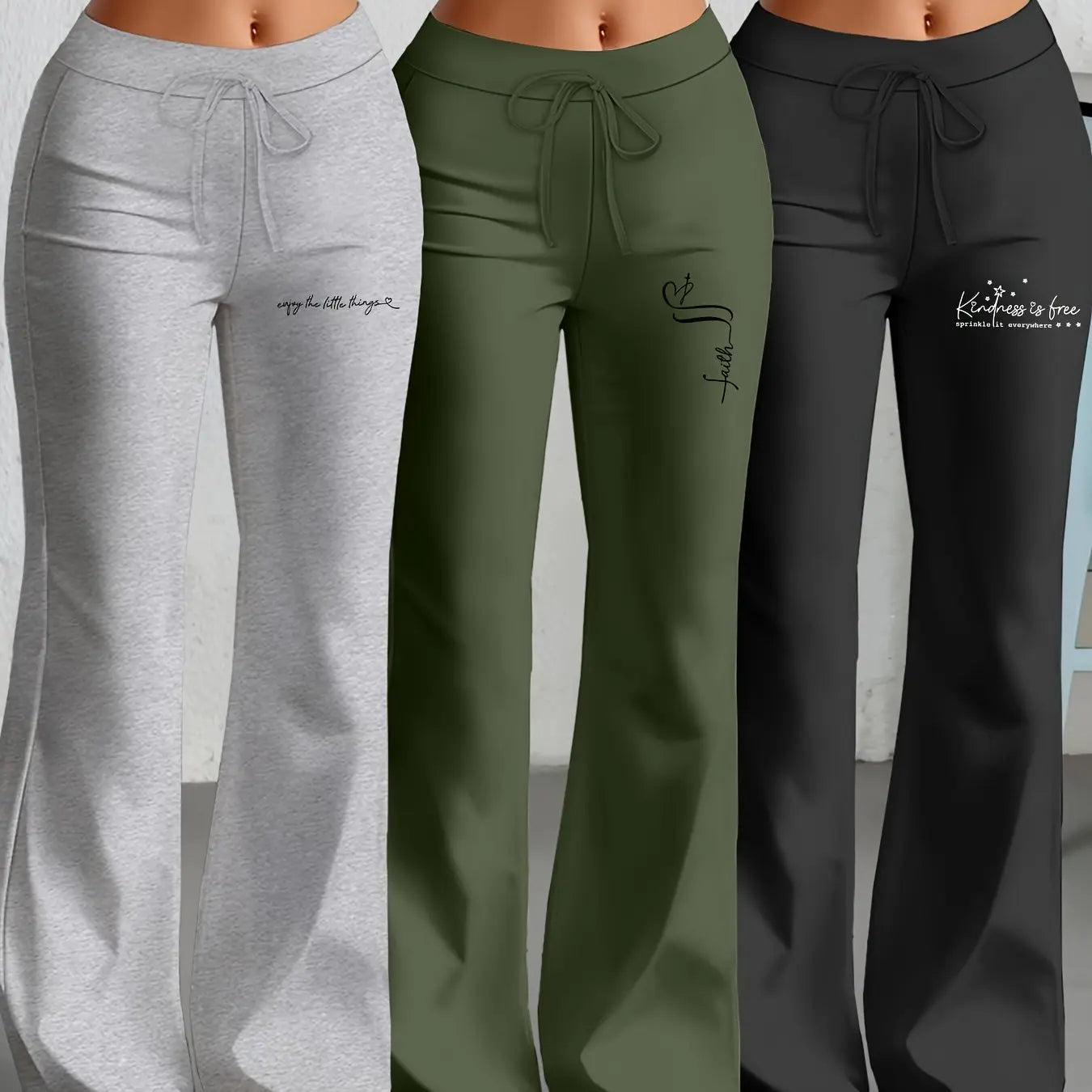 European and American Women's Straight-Leg Flare Pants Classic Personality English Text Print Long Pants 3pcs Set NNOS